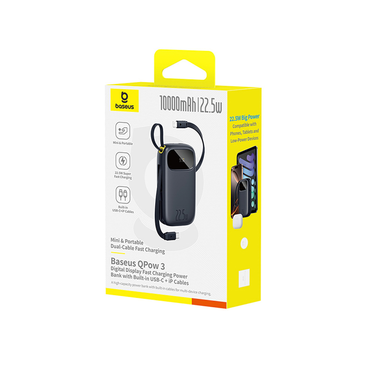 Powerbank 10000mAh 22.5W z wyświetlaczem kablami USB-C iPhone Lightning - czarny (4)