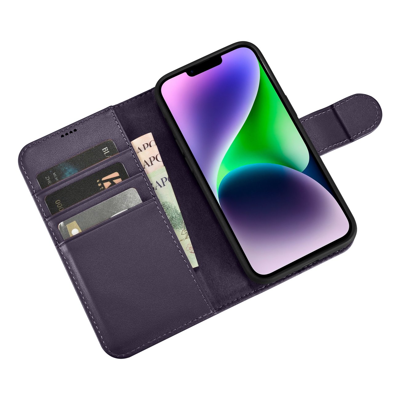 2w1 etui skórzany pokrowiec z klapką iPhone 14 Plus Anti-RFID Wallet Case ciemnofioletowy (10)
