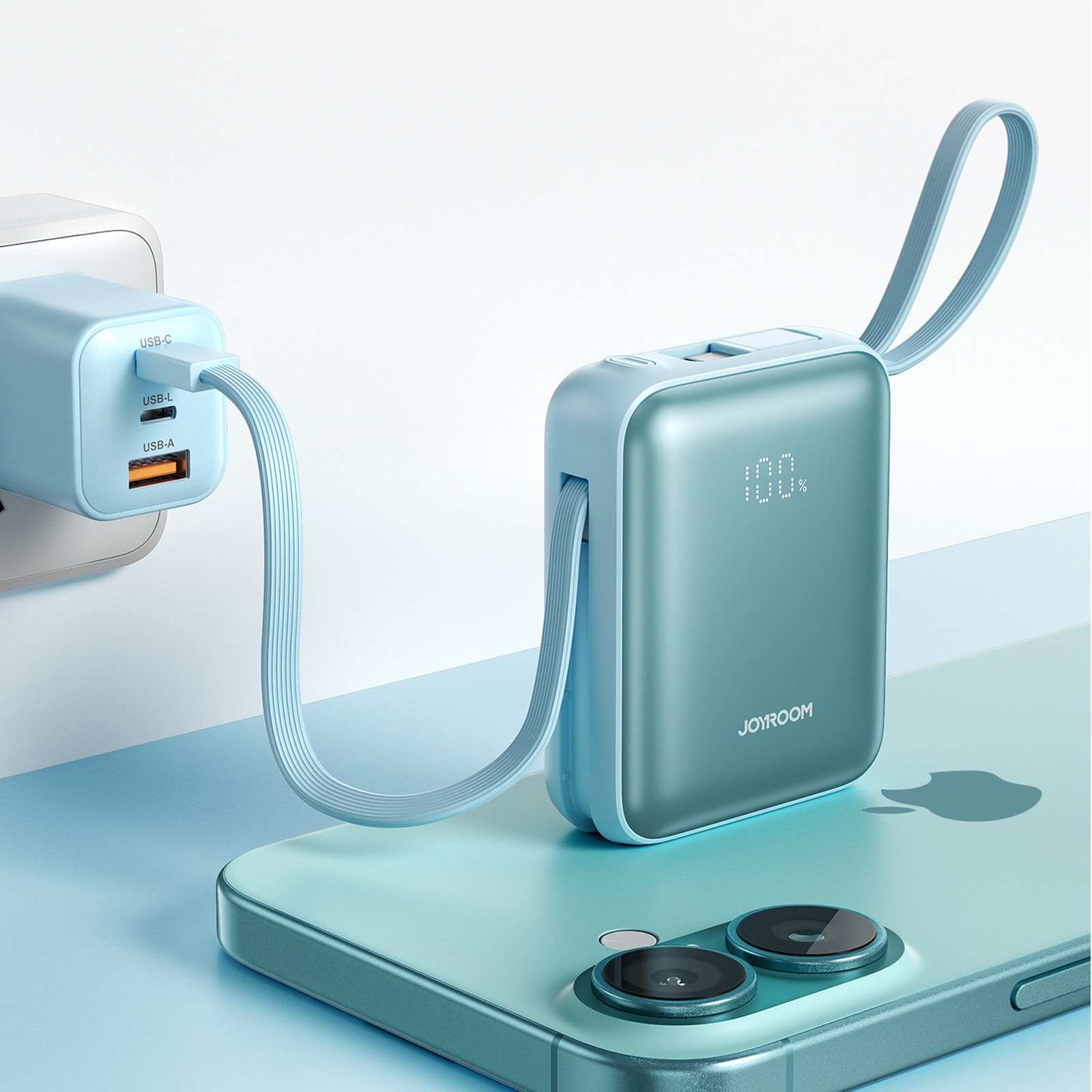 Powerbank 10000mAh 22.5W z wbudowanymi kablami - niebieski (5)