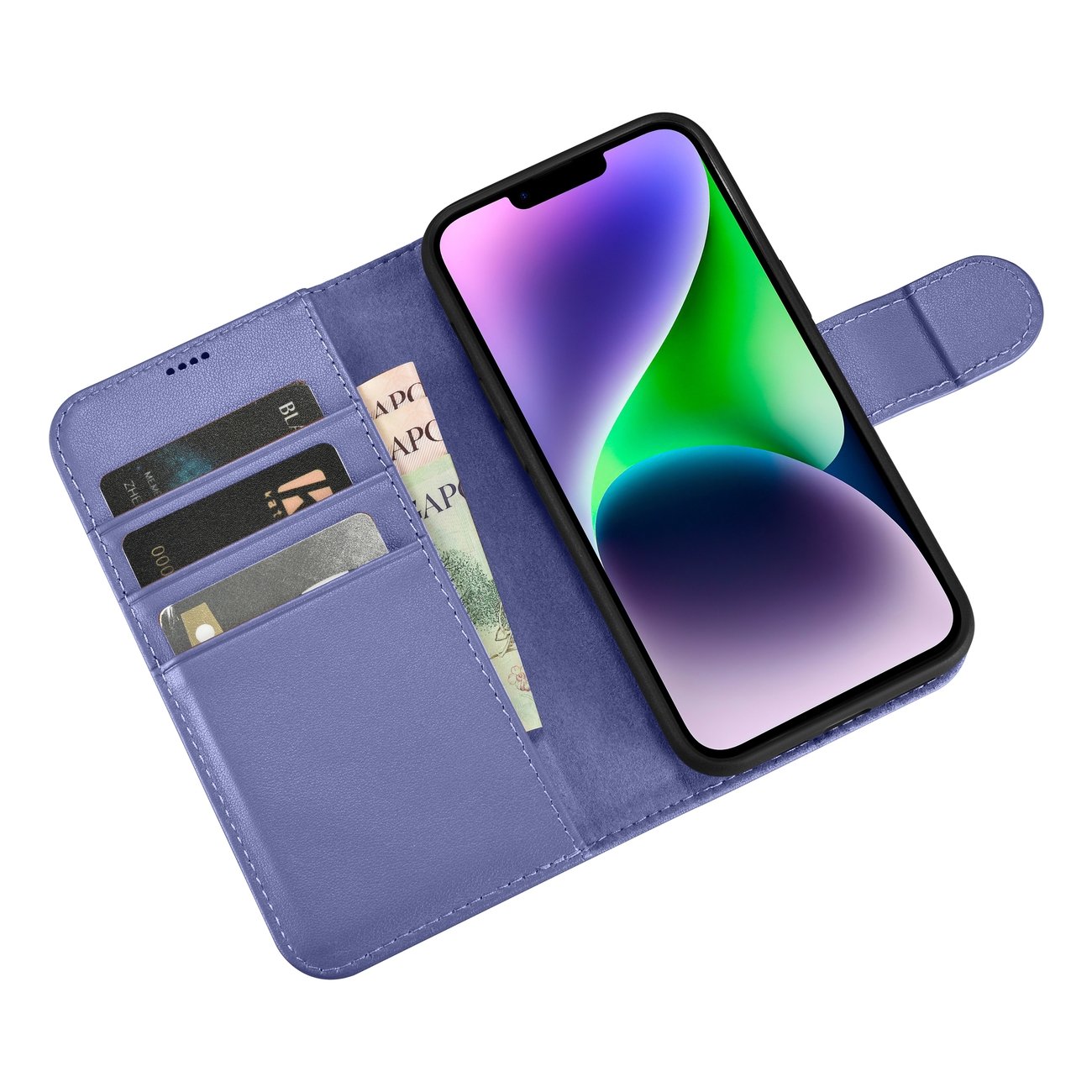 2w1 etui skórzany pokrowiec z klapką iPhone 14 Plus Anti-RFID Wallet Case jasnofioletowy (9)