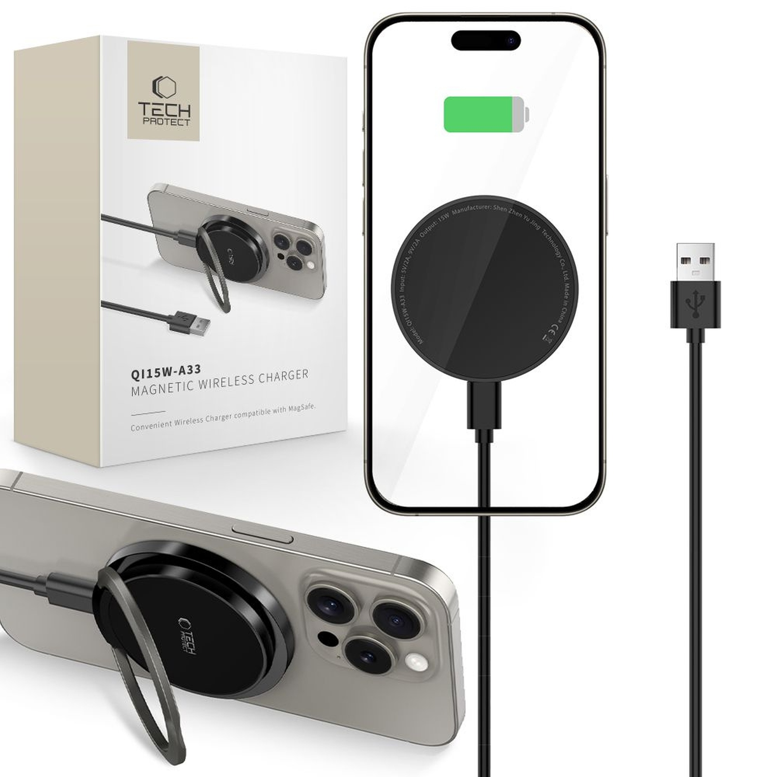 Ładowarka indukcyjna z podstawką kablem USB-A - USB-C MagSafe - czarna