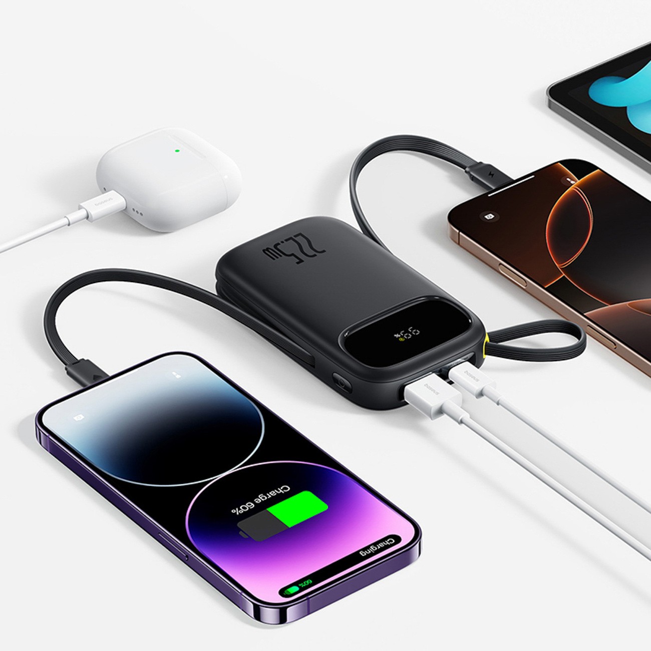 Powerbank 10000mAh 22.5W z wyświetlaczem kablami USB-C iPhone Lightning - czarny (3)