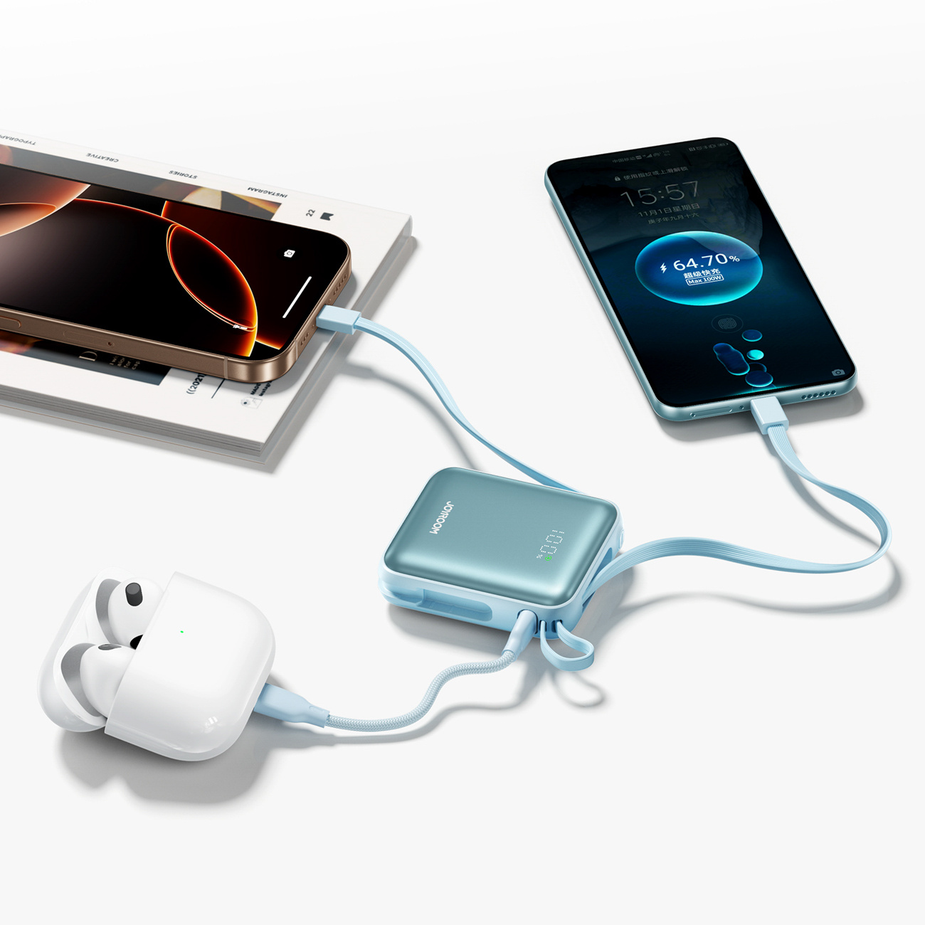 Powerbank 10000mAh 22.5W z wbudowanymi kablami - niebieski (6)