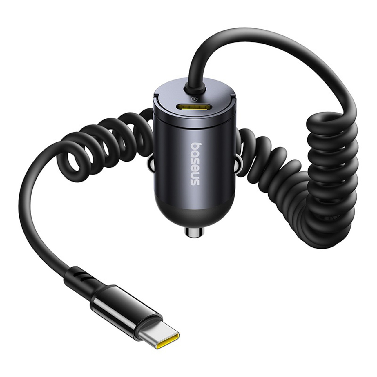 Ładowarka samochodowa USB-C z wbudowanym spiralnym kablem USB-C 30W - czarna