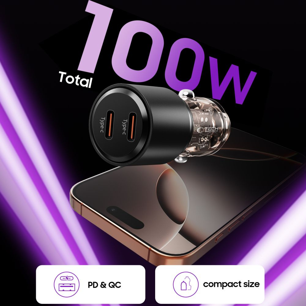 Ładowarka samochodowa 2x USB-C PD 100W - czarna