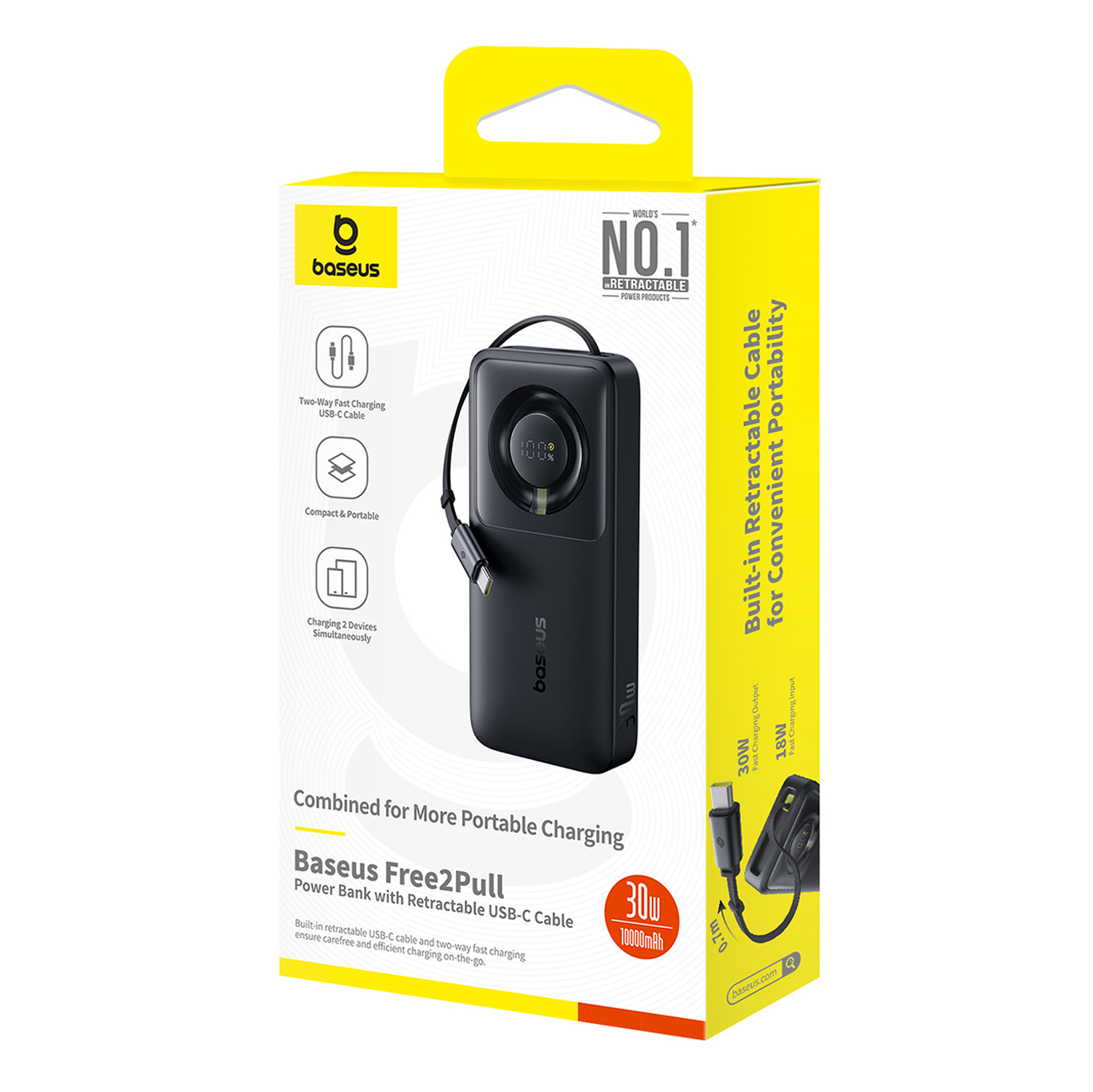 Powerbank 10000mAh 30W z portem USB-C i rozwijanym kablem USB-C Free2Pull - czarny (4)