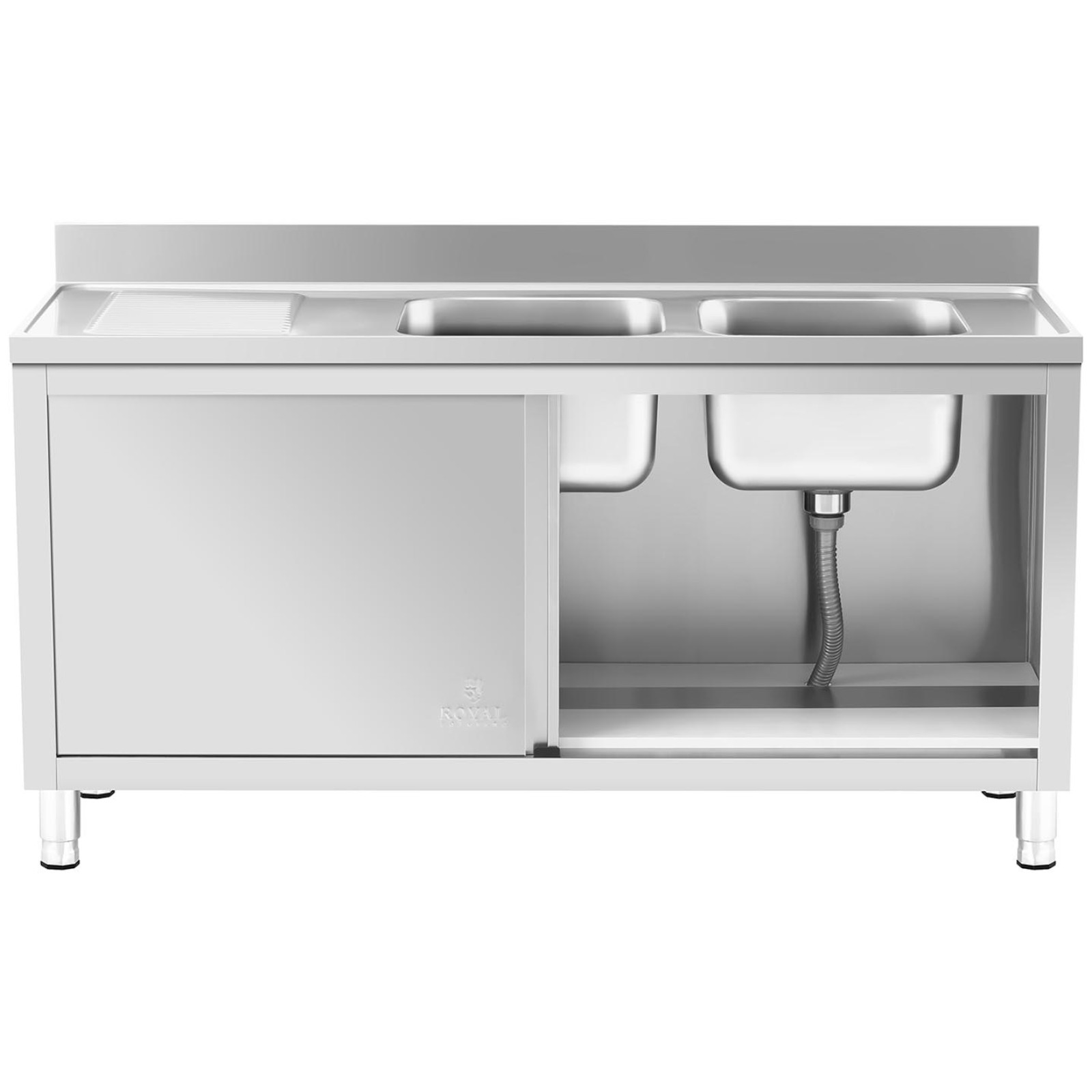Zlew basen gastronomiczny dwukomorowy z szafką z drzwiami przesuwnymi 160 x 60 x 95 cm (7)