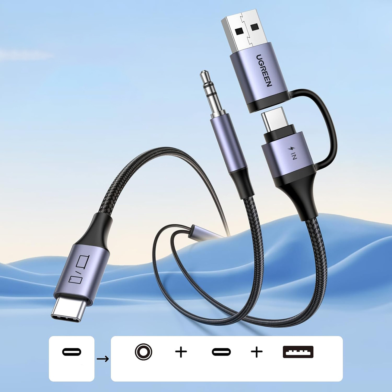 Adapter audio z funkcją ładowania 2w1 USB-C - USB-A/C minijack - czarny (6)
