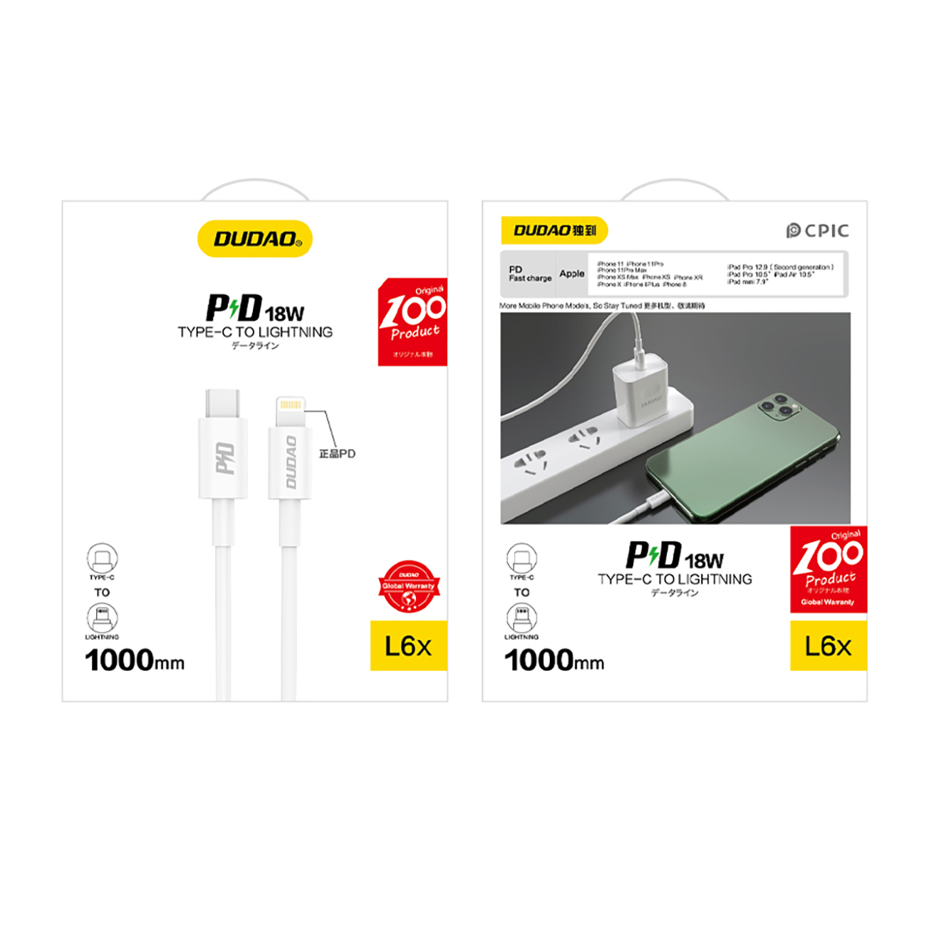 Kabel przewód L6X USB-C - iPhone Lightning PD 20W 1m - biały (3)