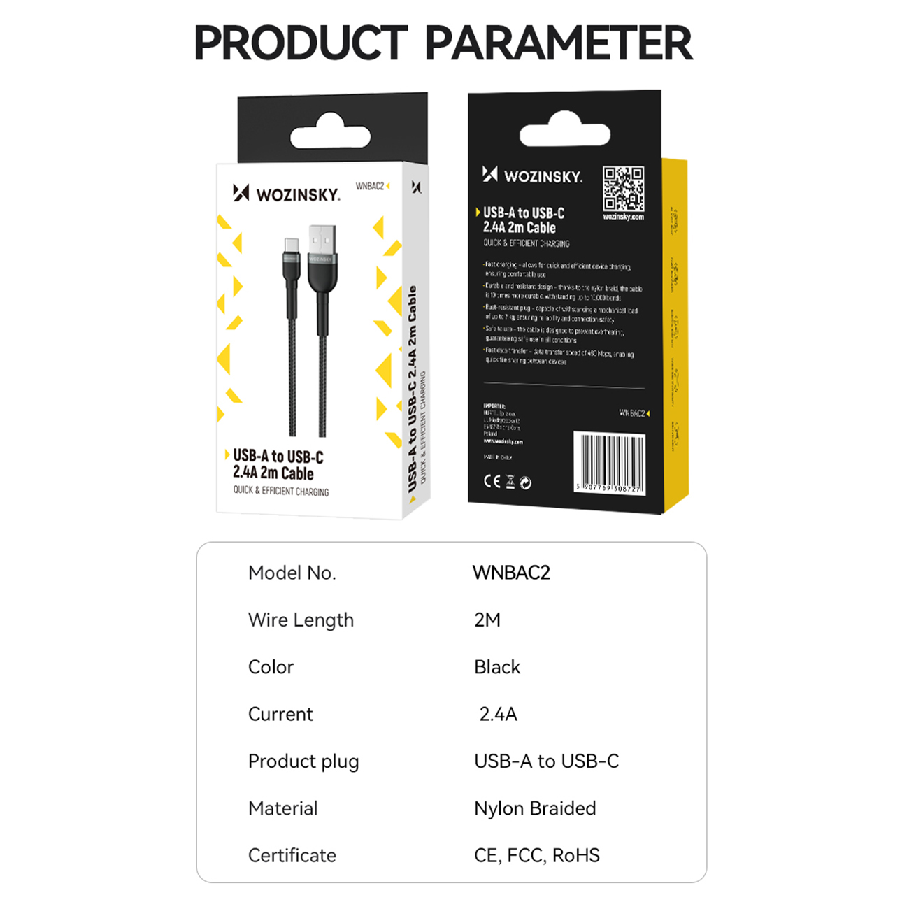 Kabel przewód w oplocie USB-A - USB-C 2.4A 1m czarny (5)