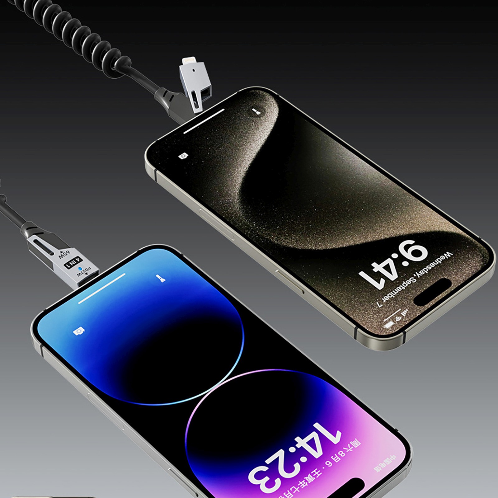 Kabel przewód spiralny 4w1 USB-A / USB-C - Lightning / USB-C - czarny (7)