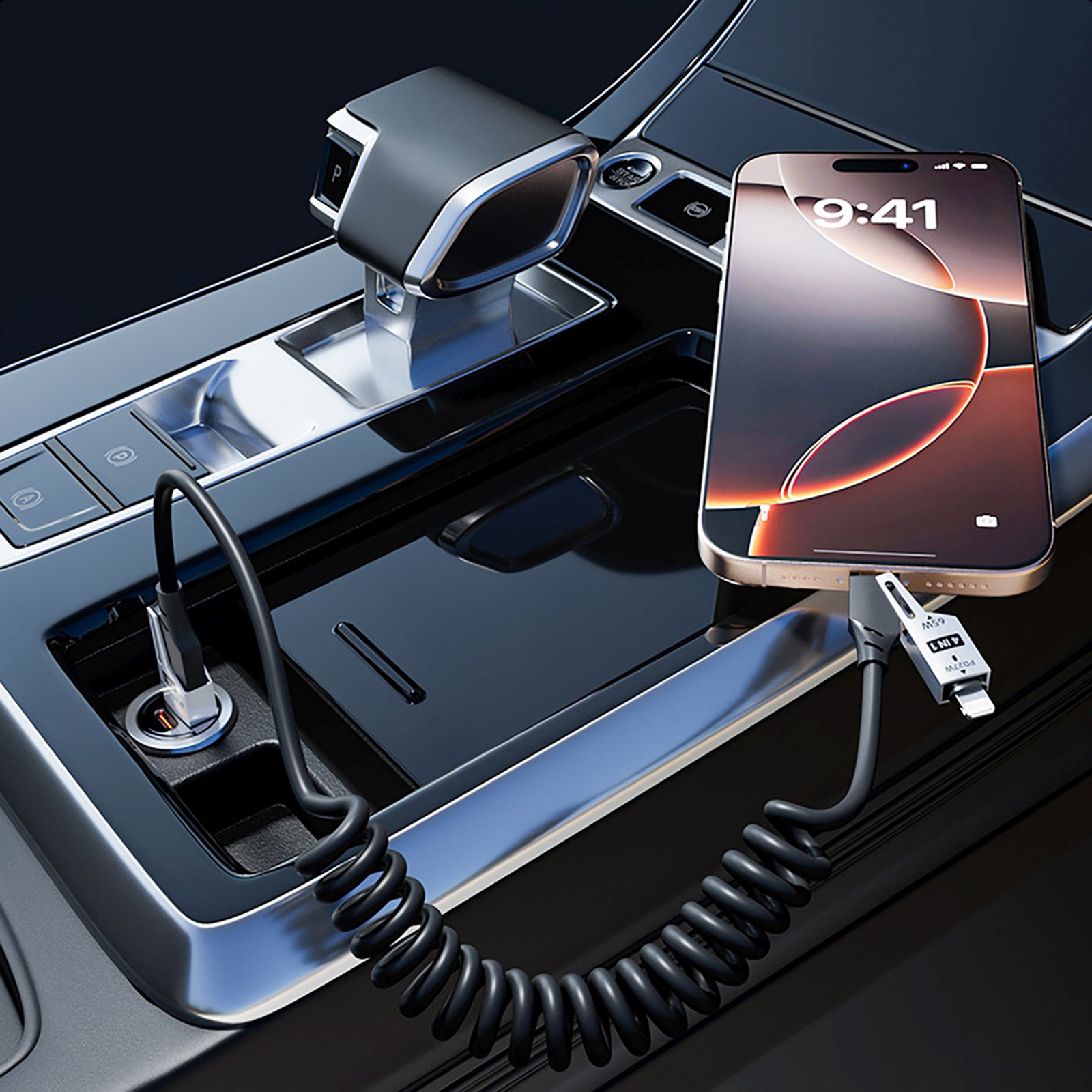 Kabel przewód spiralny 4w1 USB-A / USB-C - Lightning / USB-C - czarny (6)