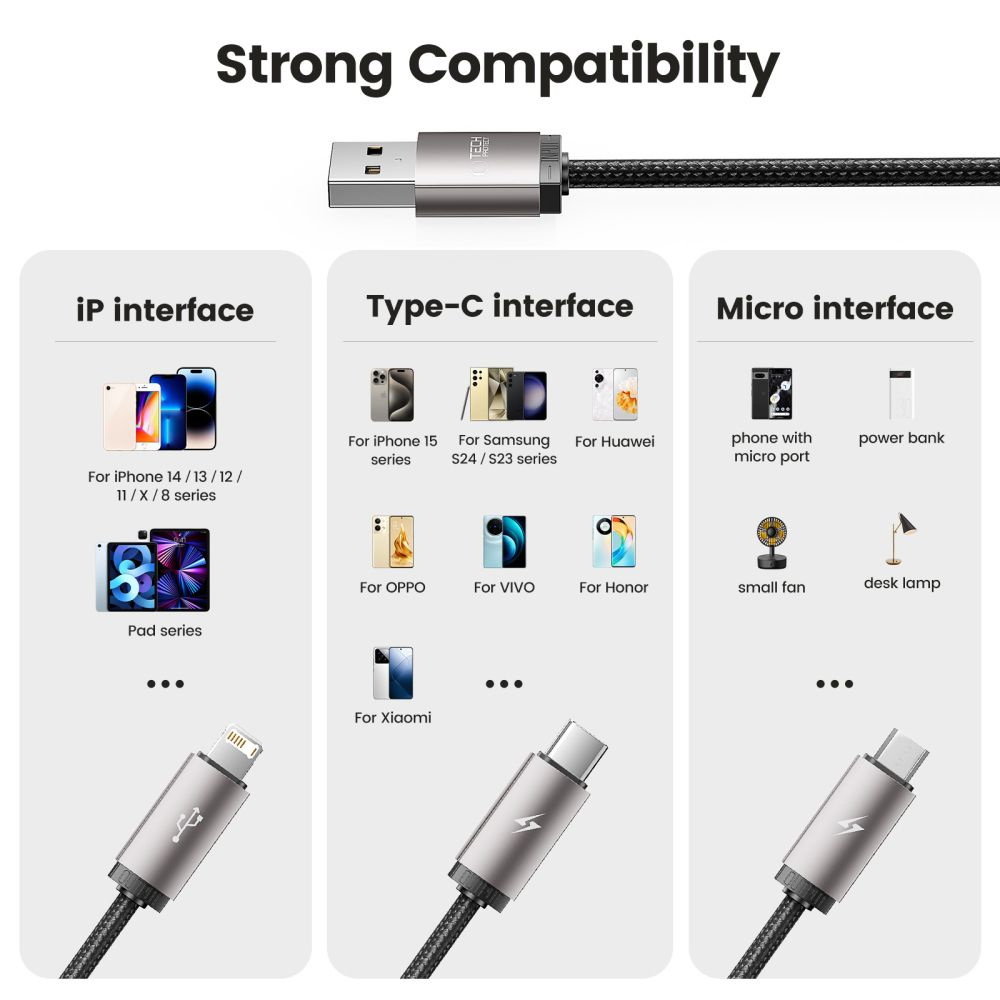 Kabel przewód 3w1 USB-A - Lightning / USB-C / micro USB 1m - szary (8)