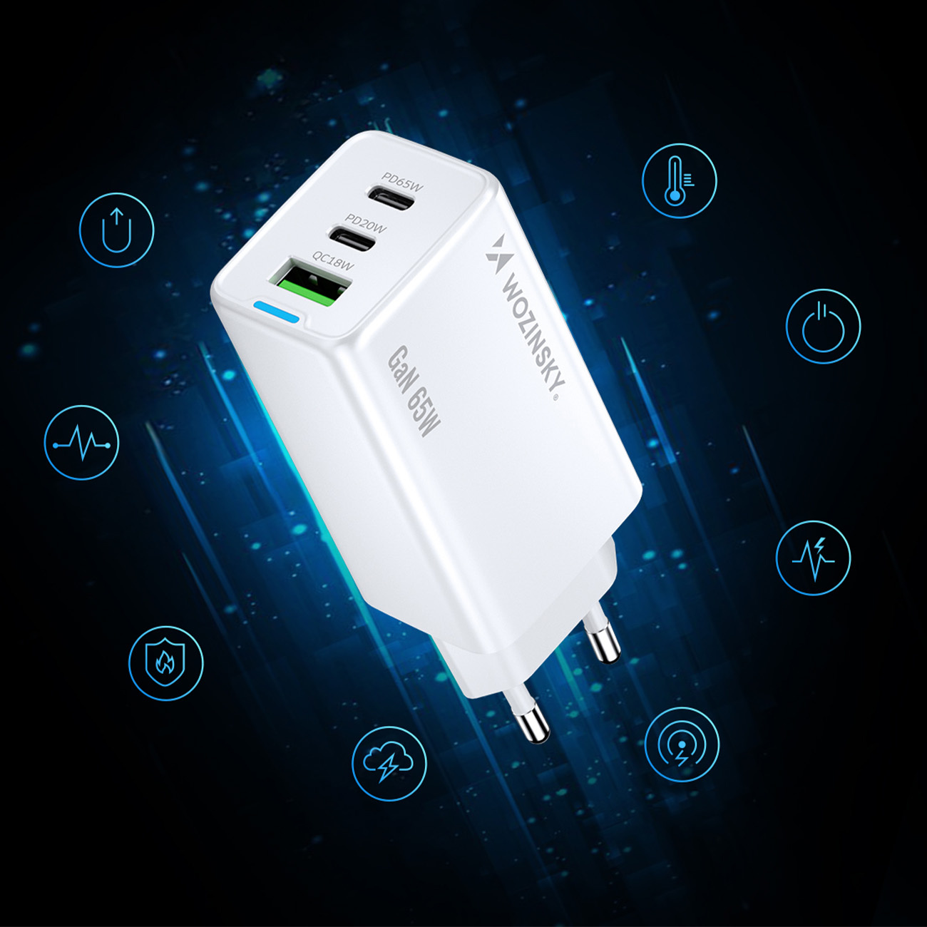Ładowarka sieciowa GaN USB-A USB-C z kablem USB-C 65W - biała (10)