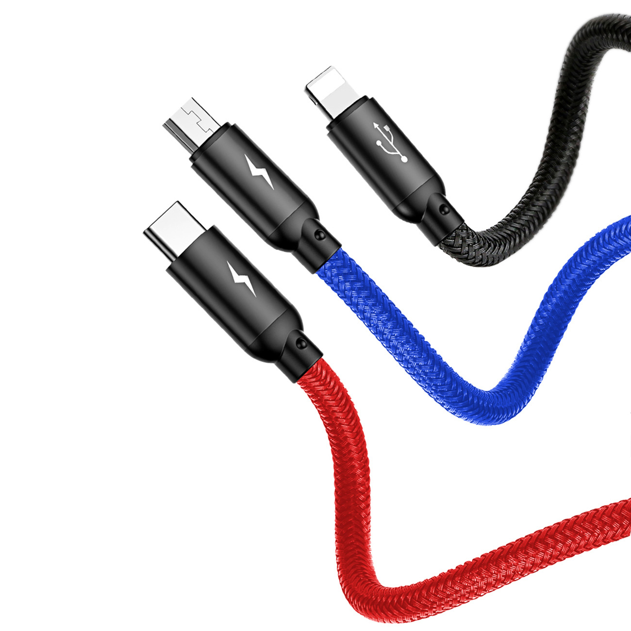 3w1 Kabel przewód USB-A - micro USB / iPhone Lightning / USB-C 3.5A 0.3m - czarny (6)