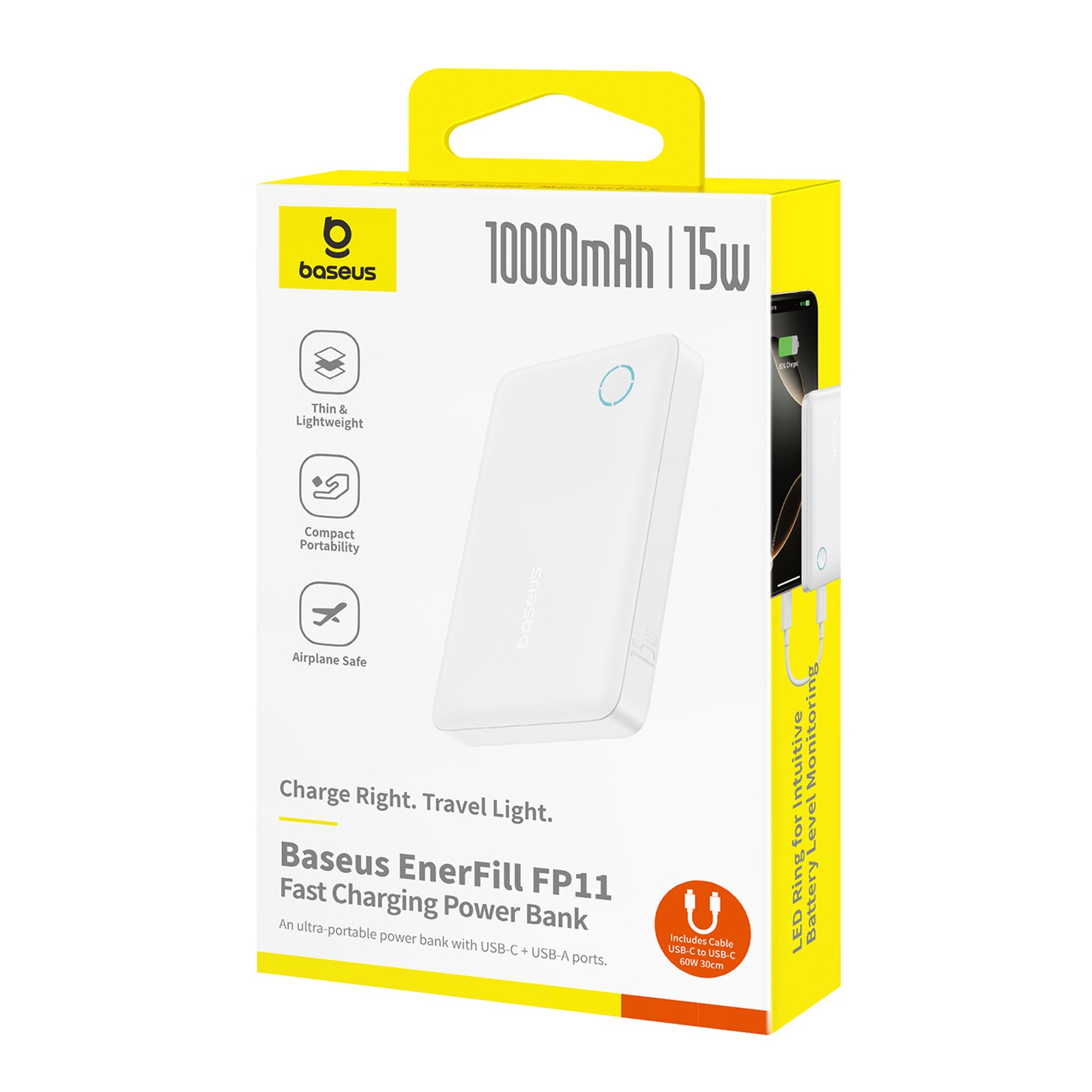 Powerbank 10000mAh 15W EnerFill FP11 z kablem USB-C 30cm - biały (8)
