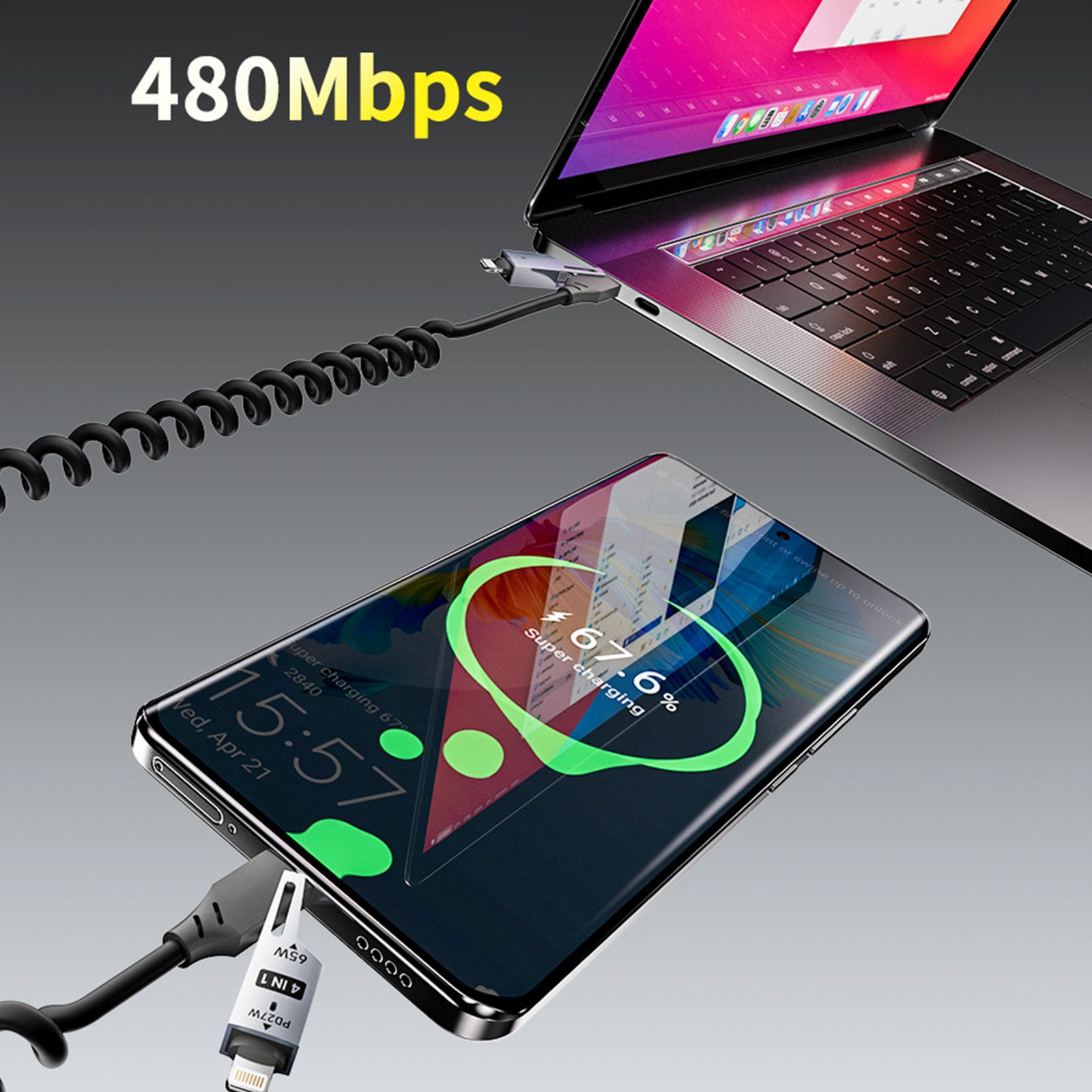 Kabel przewód spiralny 4w1 USB-A / USB-C - Lightning / USB-C - czarny (4)