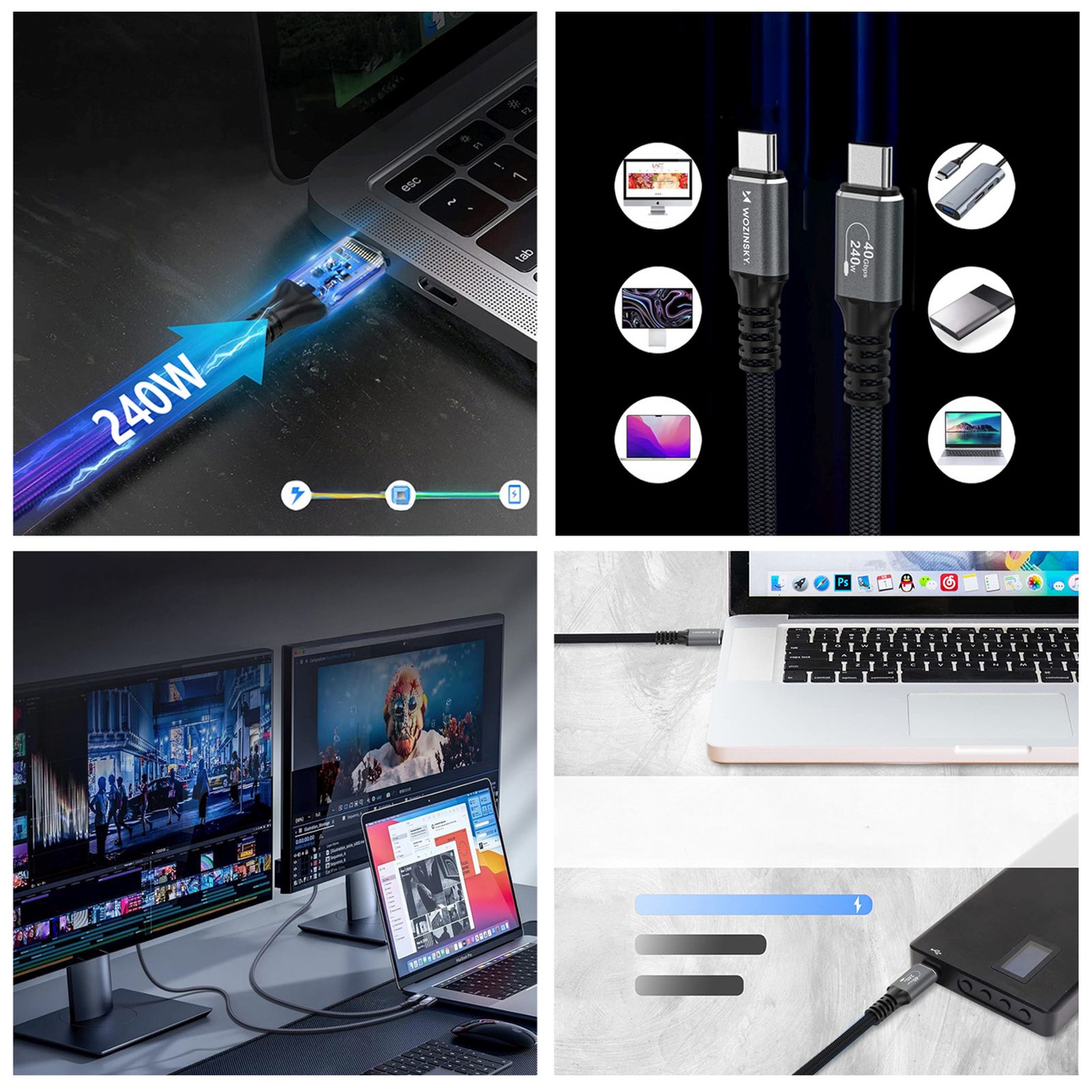 Kabel przewód USB-C Thunderbolt 4 240W 2m 4K - czarny (9)