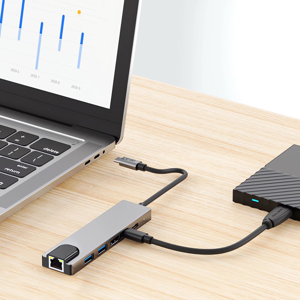 6w1 HUB Adapter USB-C USB-A HDMI RJ45 4K 30Hz PD 100W - szary (8)