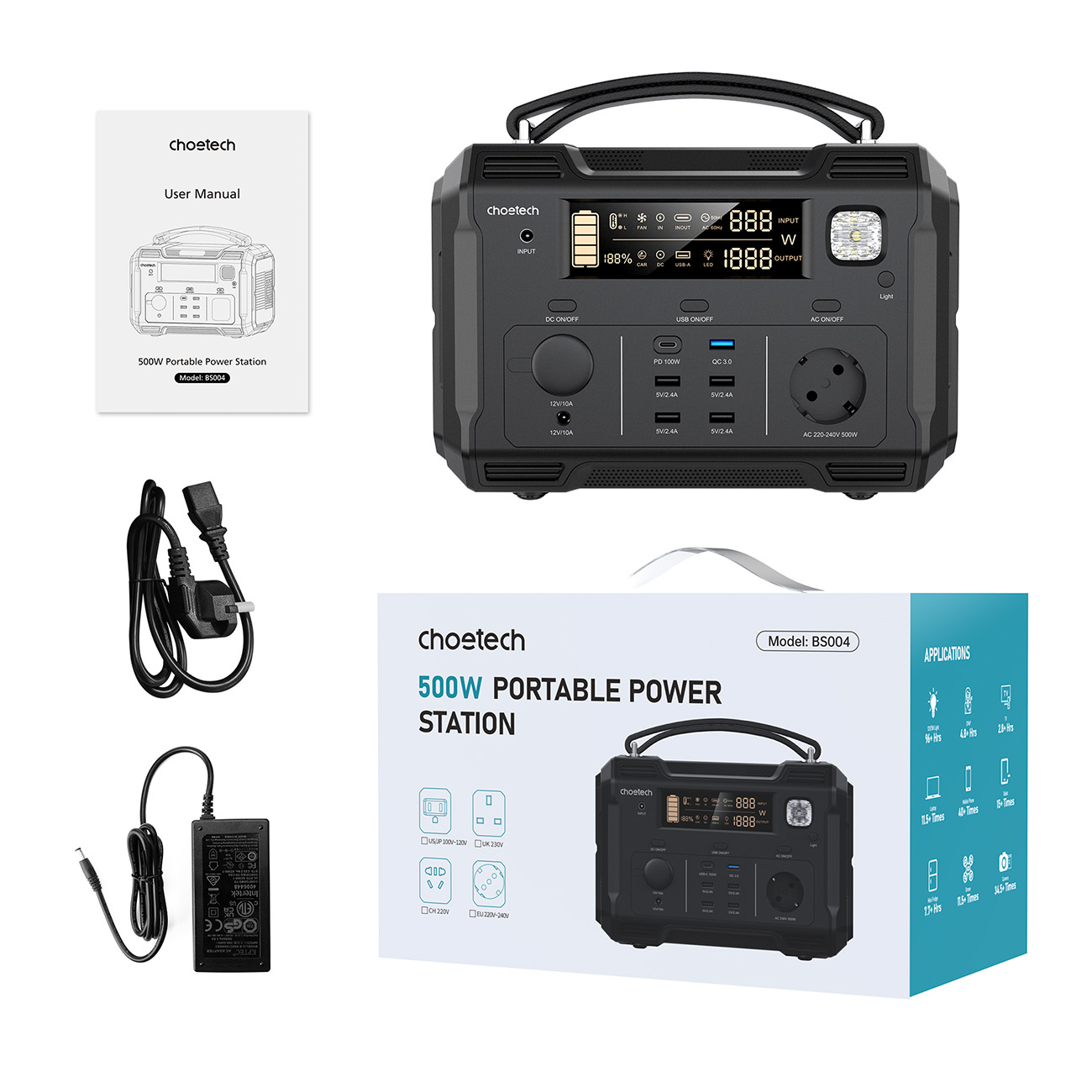 Przenośna turystyczna stacja zasilania powerbank 484Wh 500W LED - czarna (3)