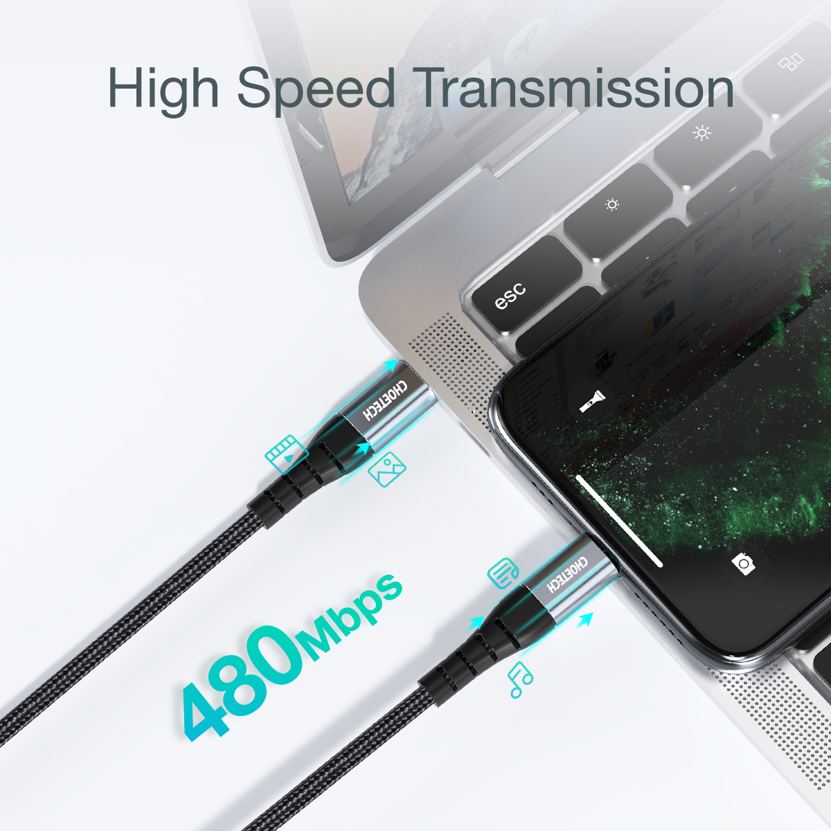 Kabel przewód do iPhone USB-C - Lightning 480Mb/s 3A 1.2m - czarny (6)