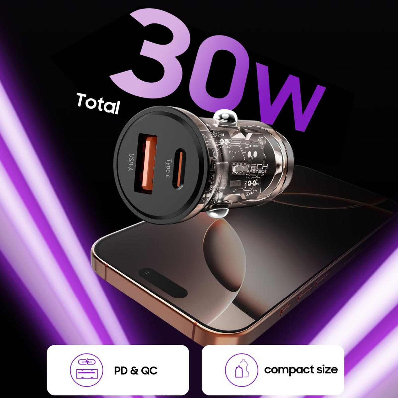 Ładowarka samochodowa USB-A USB-C 30 W - czarna (4)
