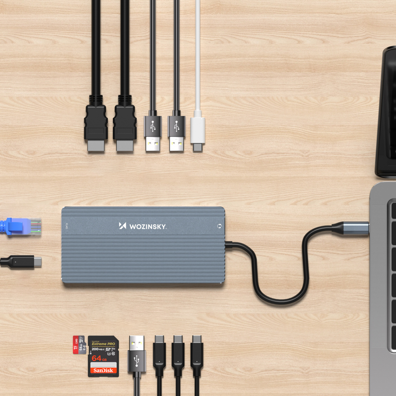 14w1 HUB do 3 monitorów USB-A USB-C DisplayPort HDMI RJ45 SD TF mini jack - szary (4)