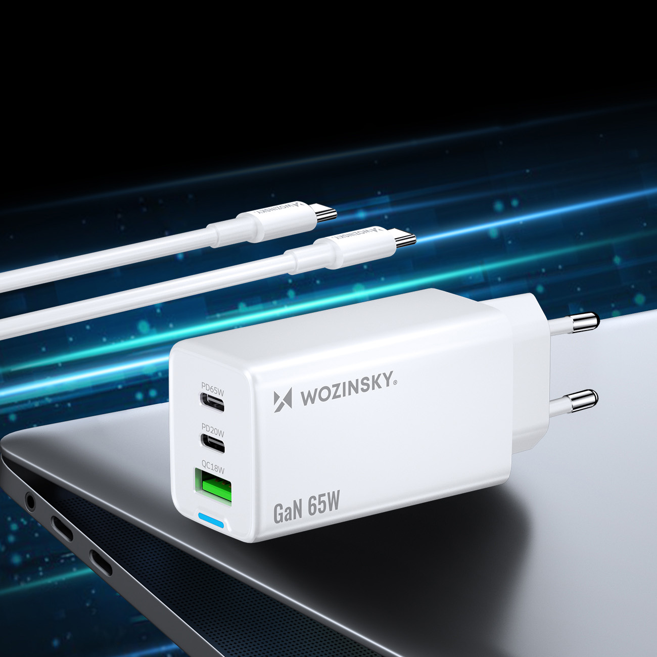 Ładowarka sieciowa GaN USB-A USB-C z kablem USB-C 65W - biała (11)