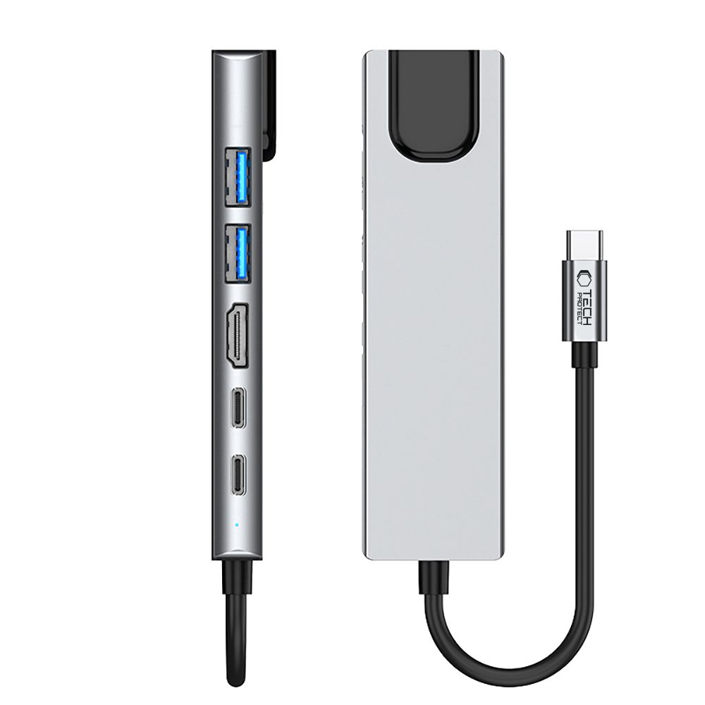 6w1 HUB Adapter USB-C USB-A HDMI RJ45 4K 30Hz PD 100W - szary (6)