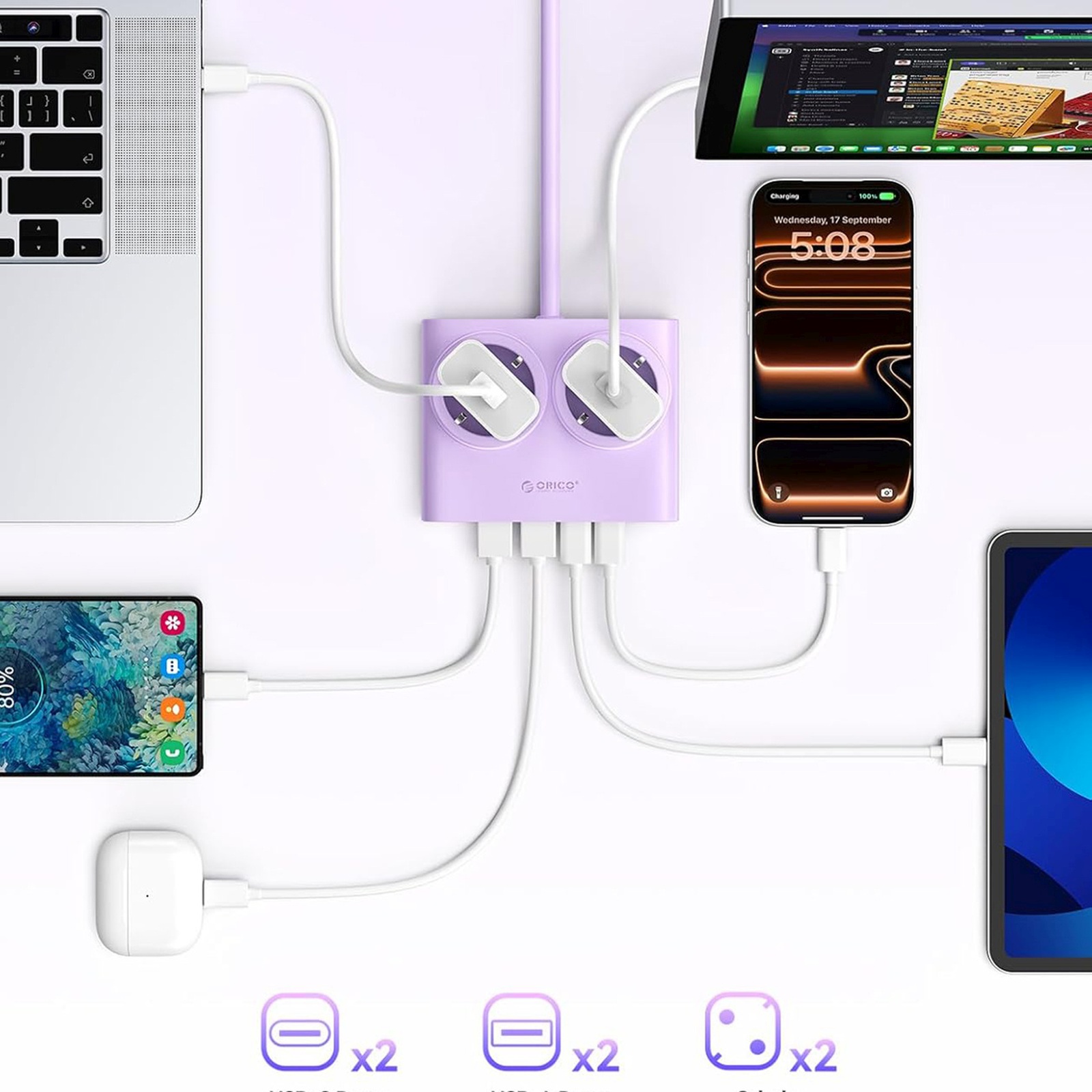 Listwa zasilająca 6w1 AC USB-A USB-C 25W - fioletowa (7)