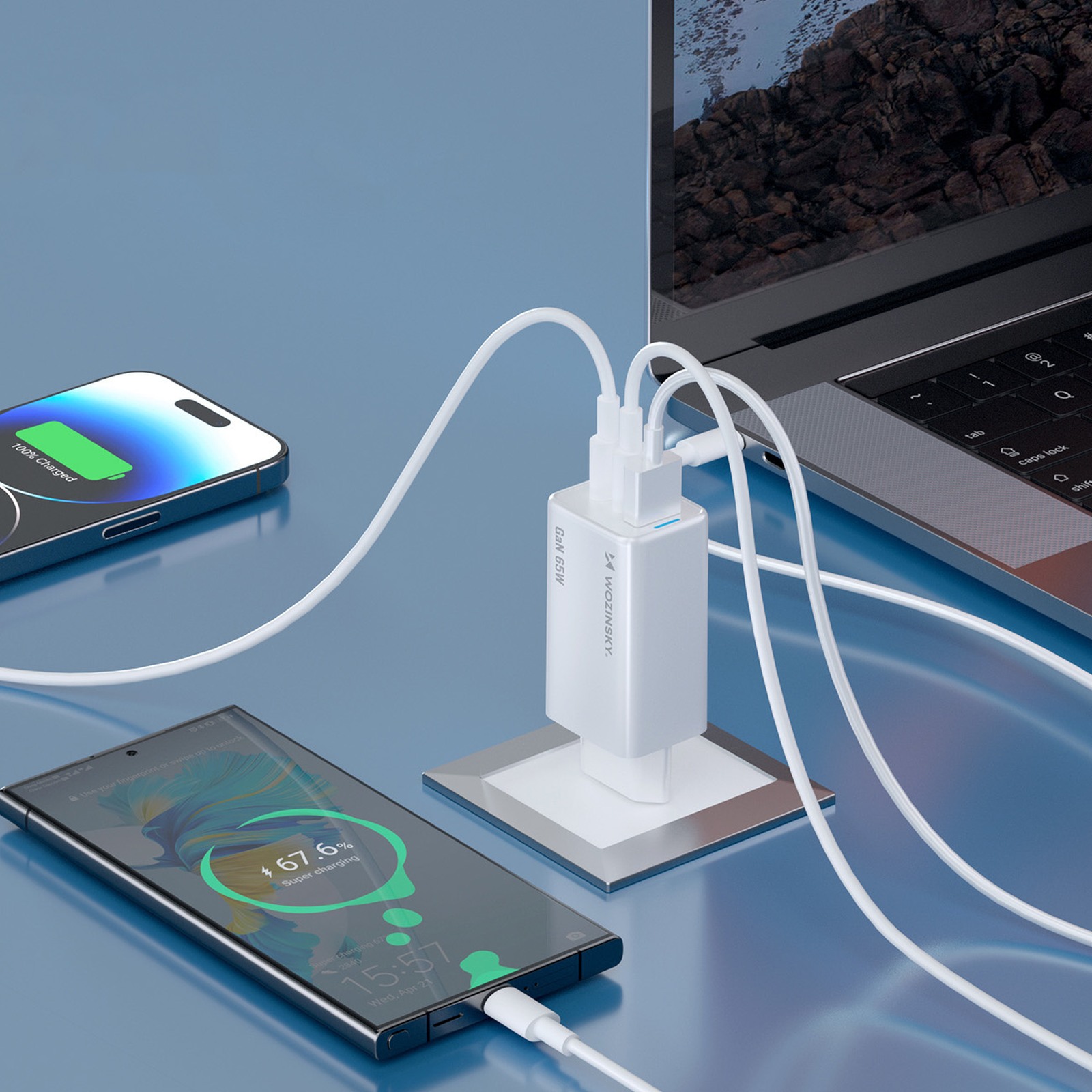 Ładowarka sieciowa GaN USB-A USB-C z kablem USB-C 65W - biała (7)