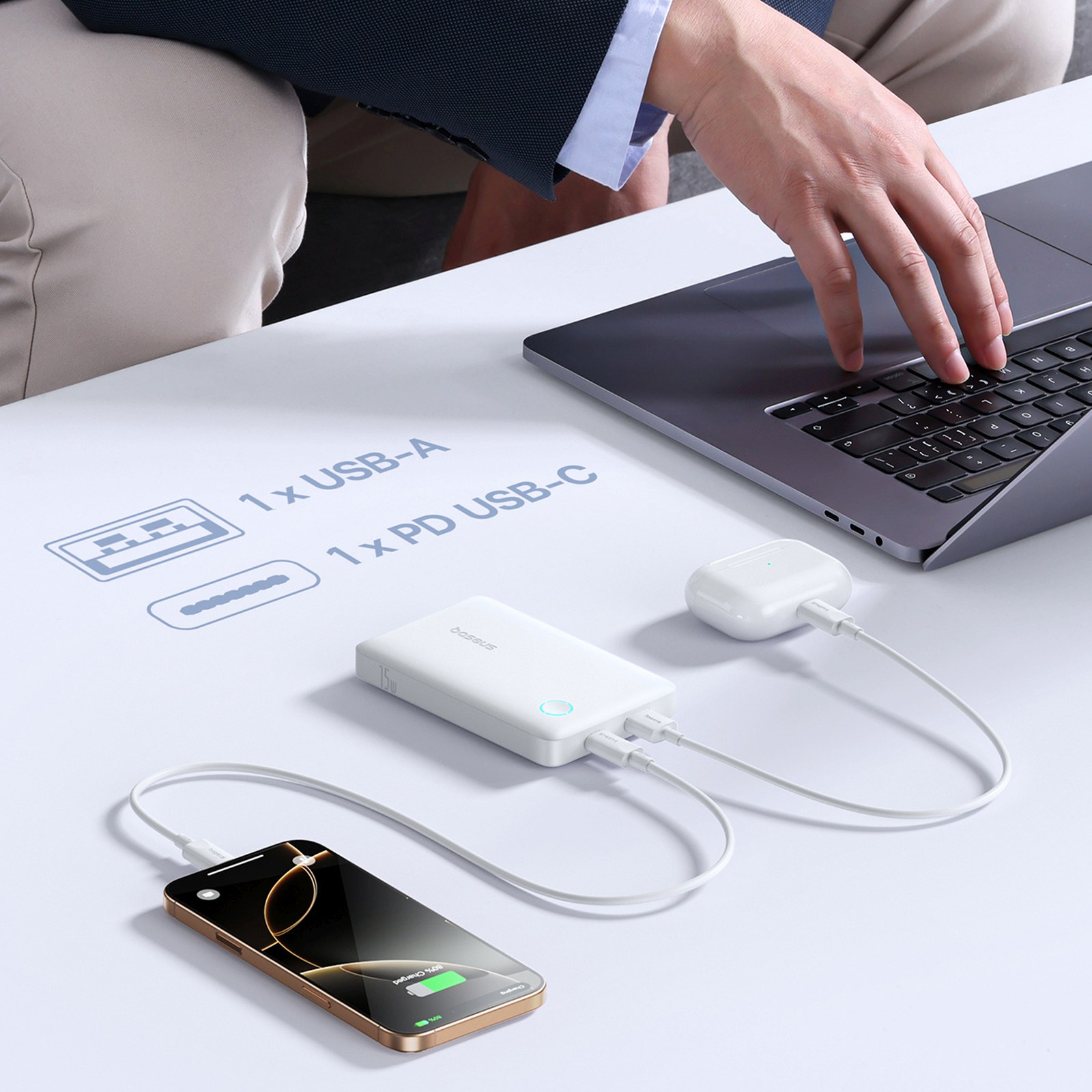 Powerbank 10000mAh 15W EnerFill FP11 z kablem USB-C 30cm - biały (11)