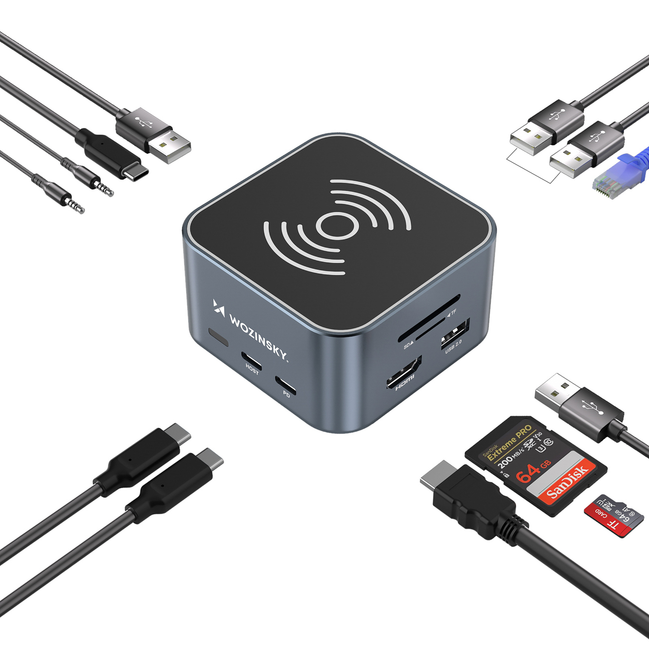 12w1 Hub z ładowarką bezprzewodową USB-A USB-C HDMI RJ45 SD TF mini jack - szary (4)
