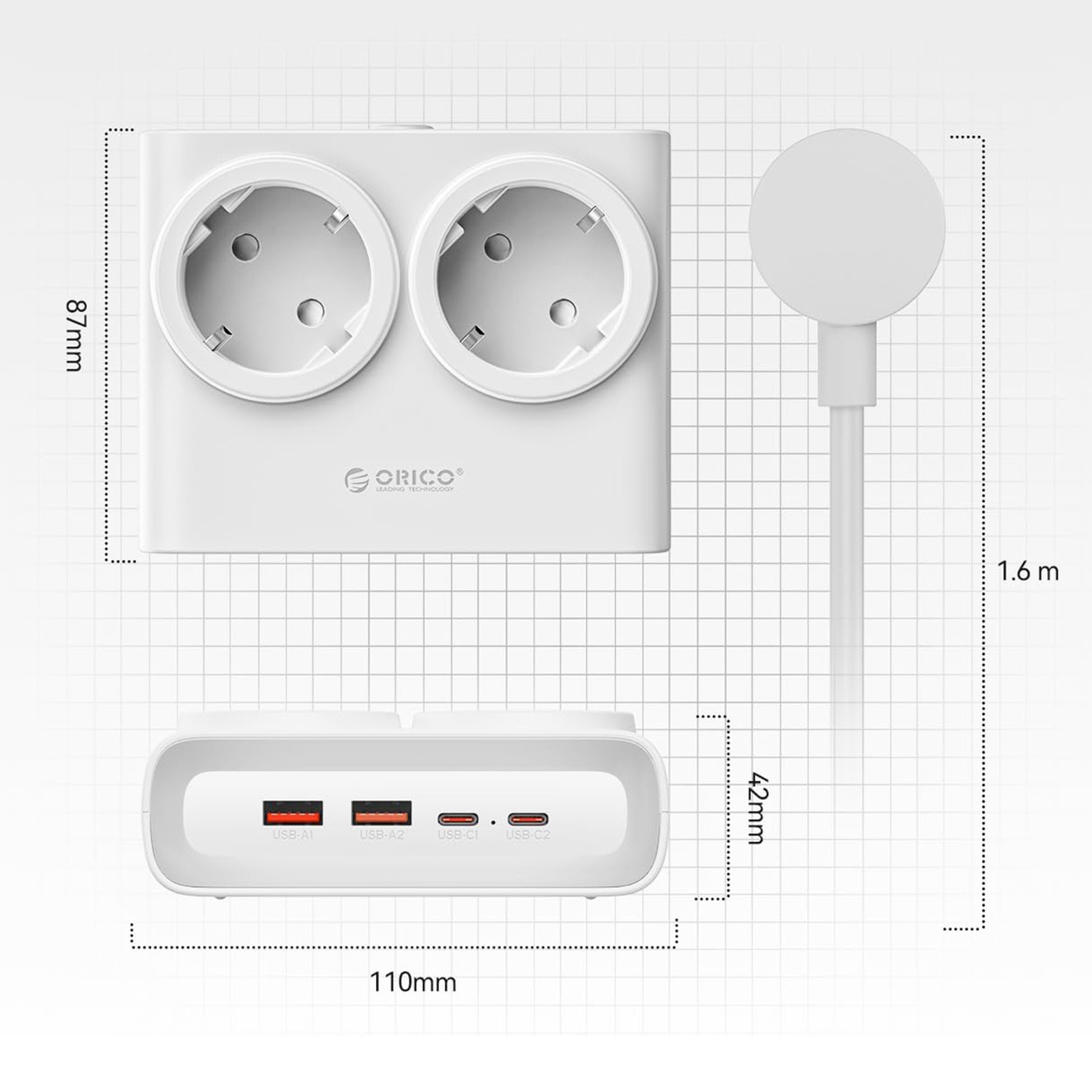 Listwa zasilająca 6w1 AC USB-A USB-C 25W - biała (4)