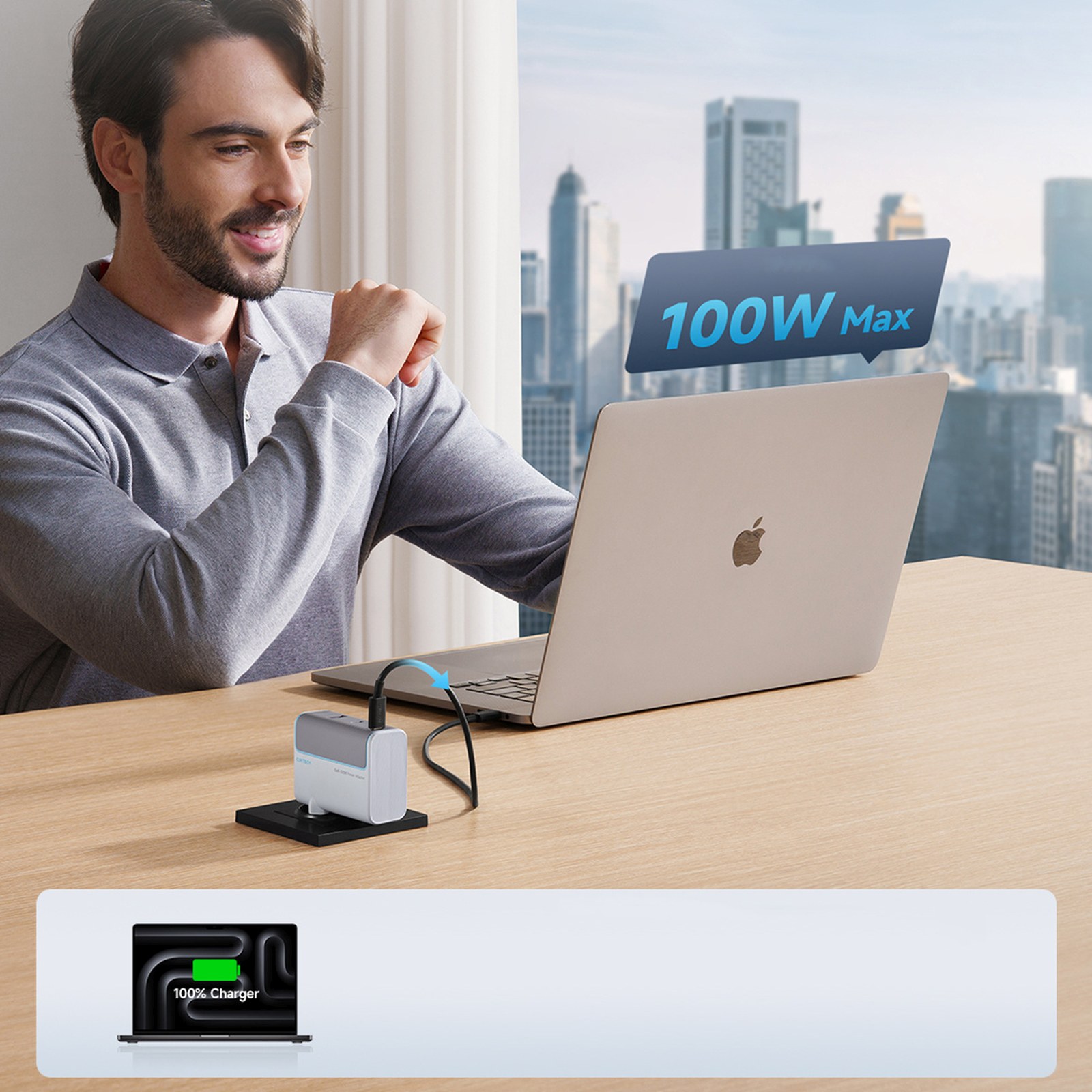 Ładowarka sieciowa USB-C USB-A z kablem GaN 100W - biała (6)