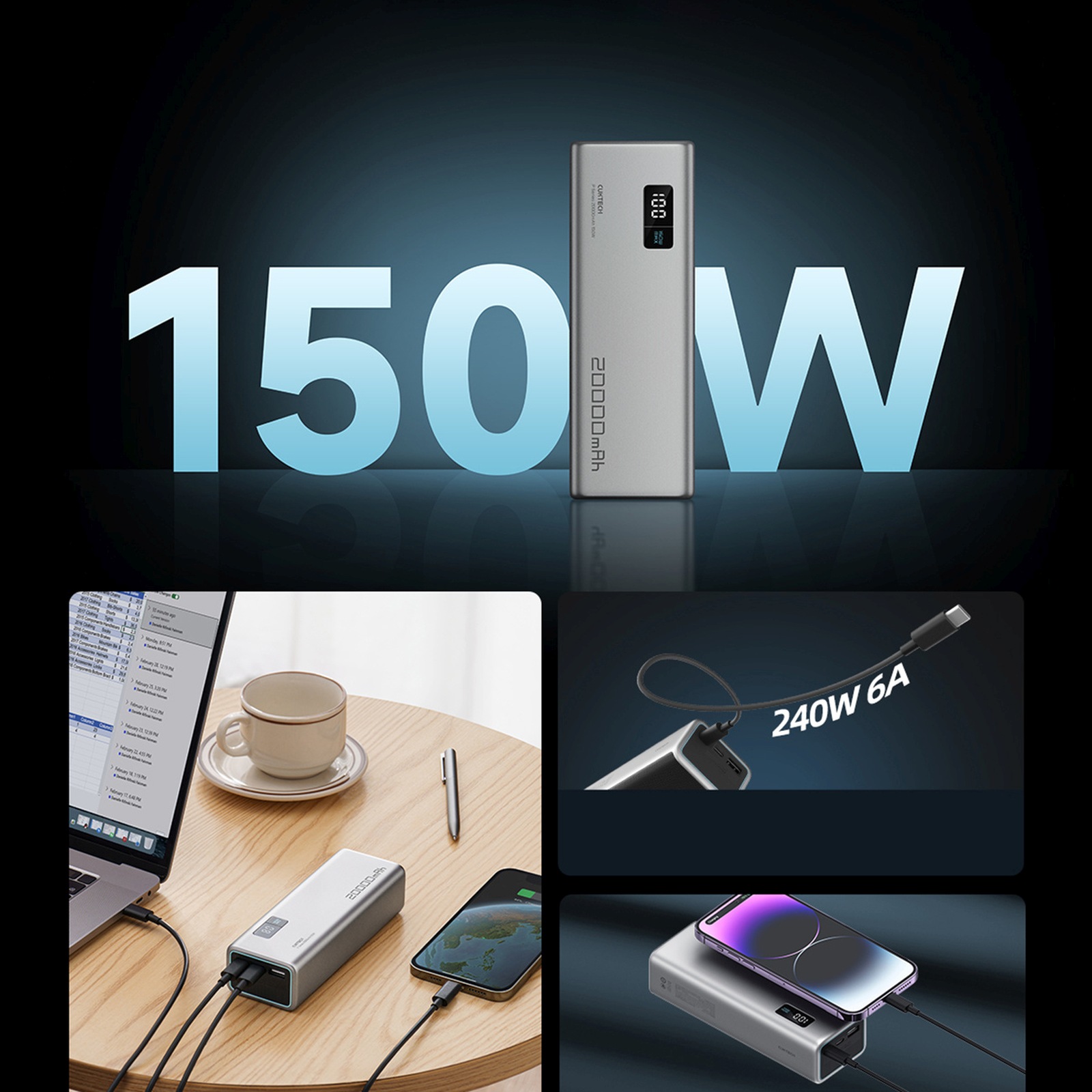 Powerbank 20000mAh USB-A USB-C 150W - szary (3)