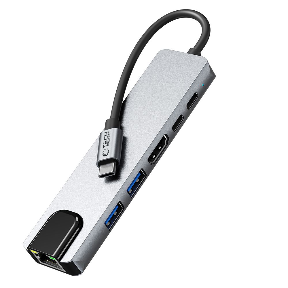 6w1 HUB Adapter USB-C USB-A HDMI RJ45 4K 30Hz PD 100W - szary (5)