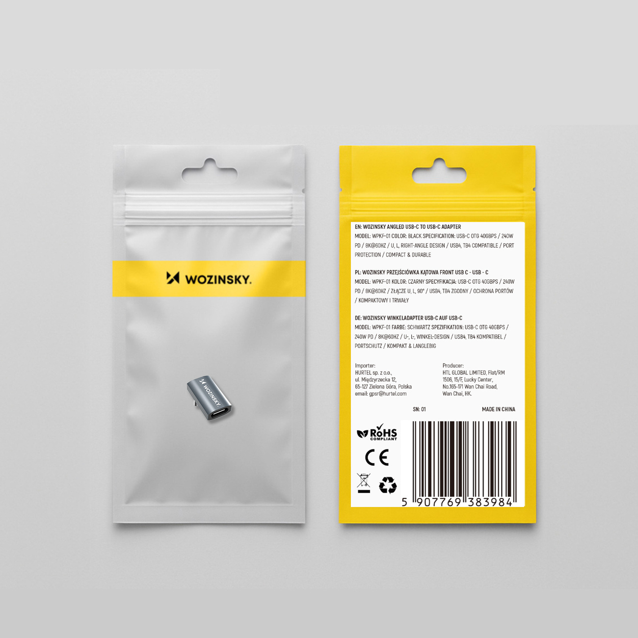 Adapter przejściówka kątowa USB-C 40Gb/s 240W 8K OTG - szara (9)