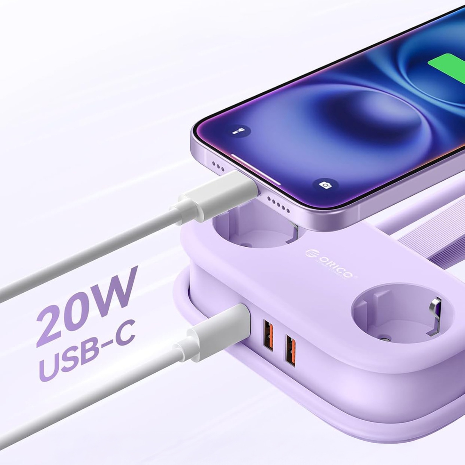 Listwa zasilająca 5w1 AC USB-A USB-C GaN 20W - fioletowa (4)