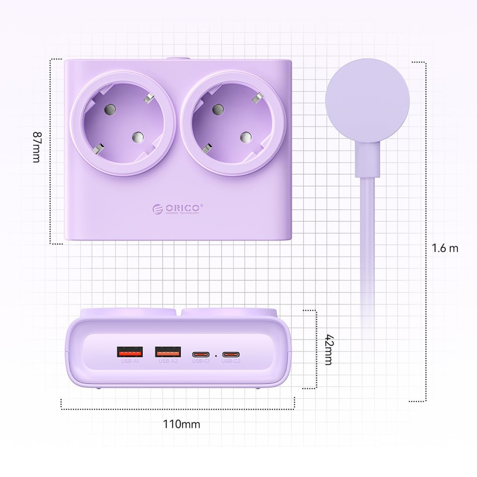 Listwa zasilająca 6w1 AC USB-A USB-C 25W - fioletowa (5)