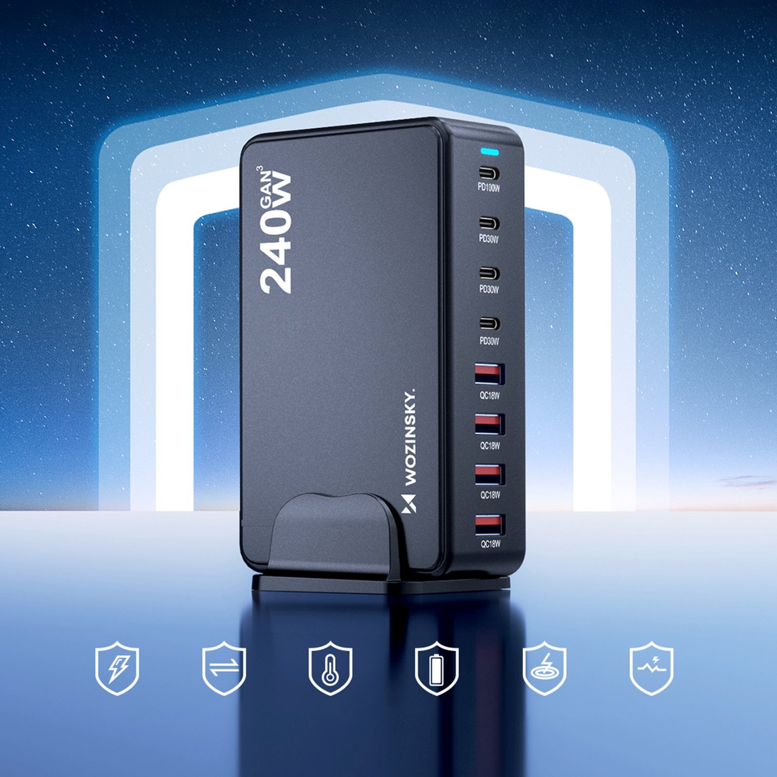 Stacja ładująca biurkowa 4x USB-A 4x USB-C GaN QC3 240W - czarna (8)