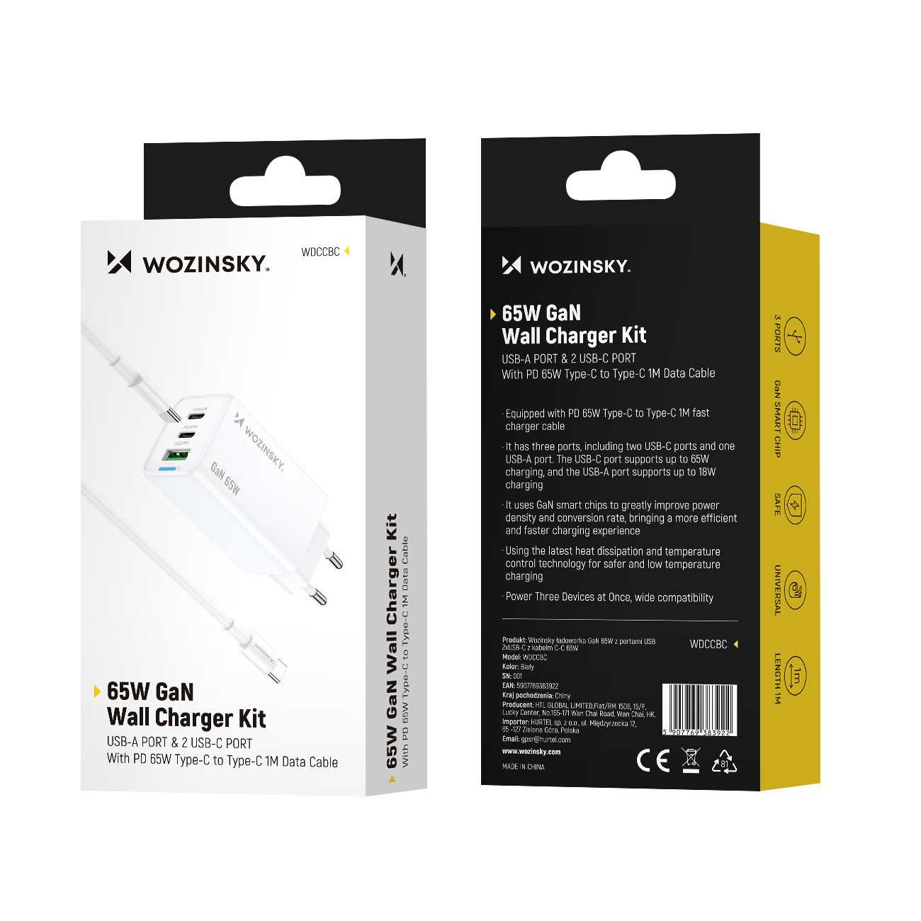 Ładowarka sieciowa GaN USB-A USB-C z kablem USB-C 65W - biała (5)