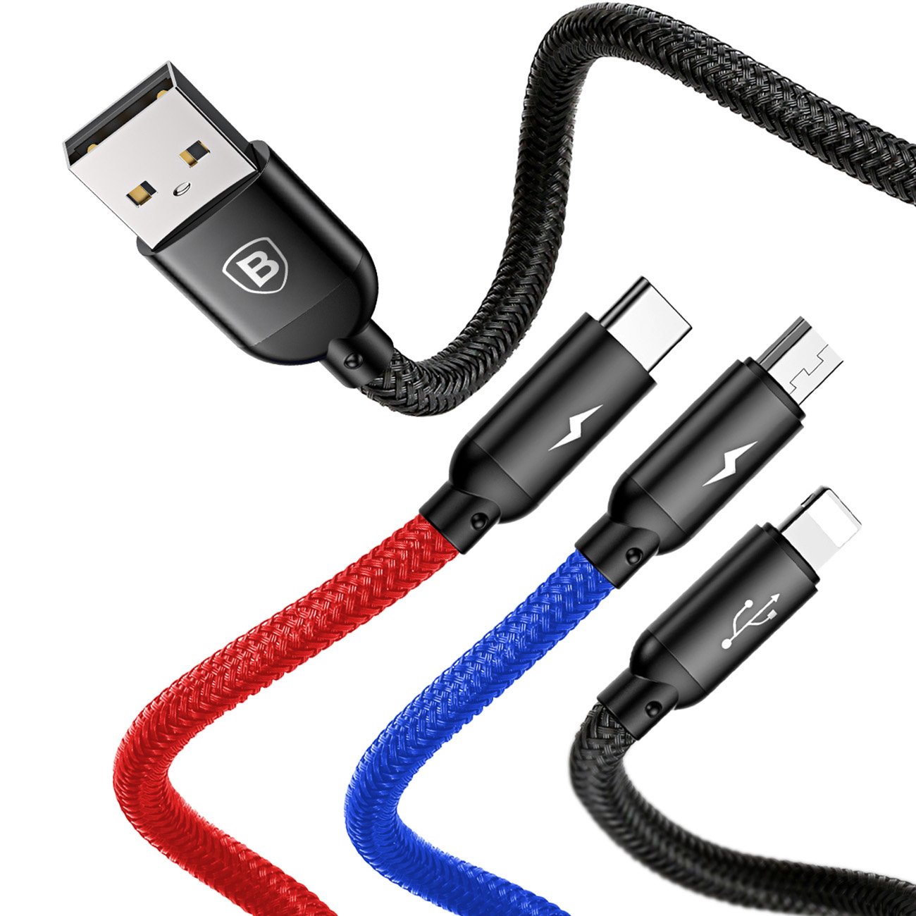 3w1 Kabel przewód USB-A - micro USB / iPhone Lightning / USB-C 3.5A 0.3m - czarny (5)