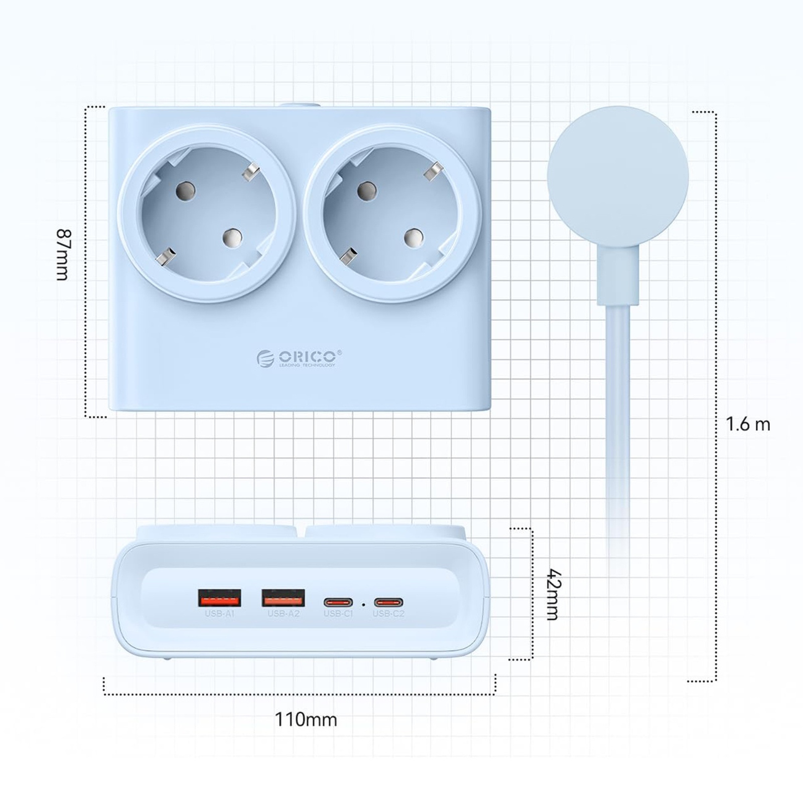 Listwa zasilająca 6w1 AC USB-A USB-C 25W - niebieska (4)