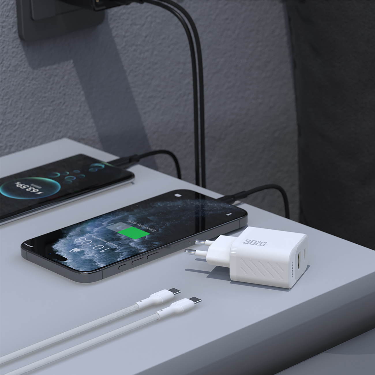 Ładowarka sieciowa USB-A USB-C z kablem USB-C GaN PD 30W - biała (4)