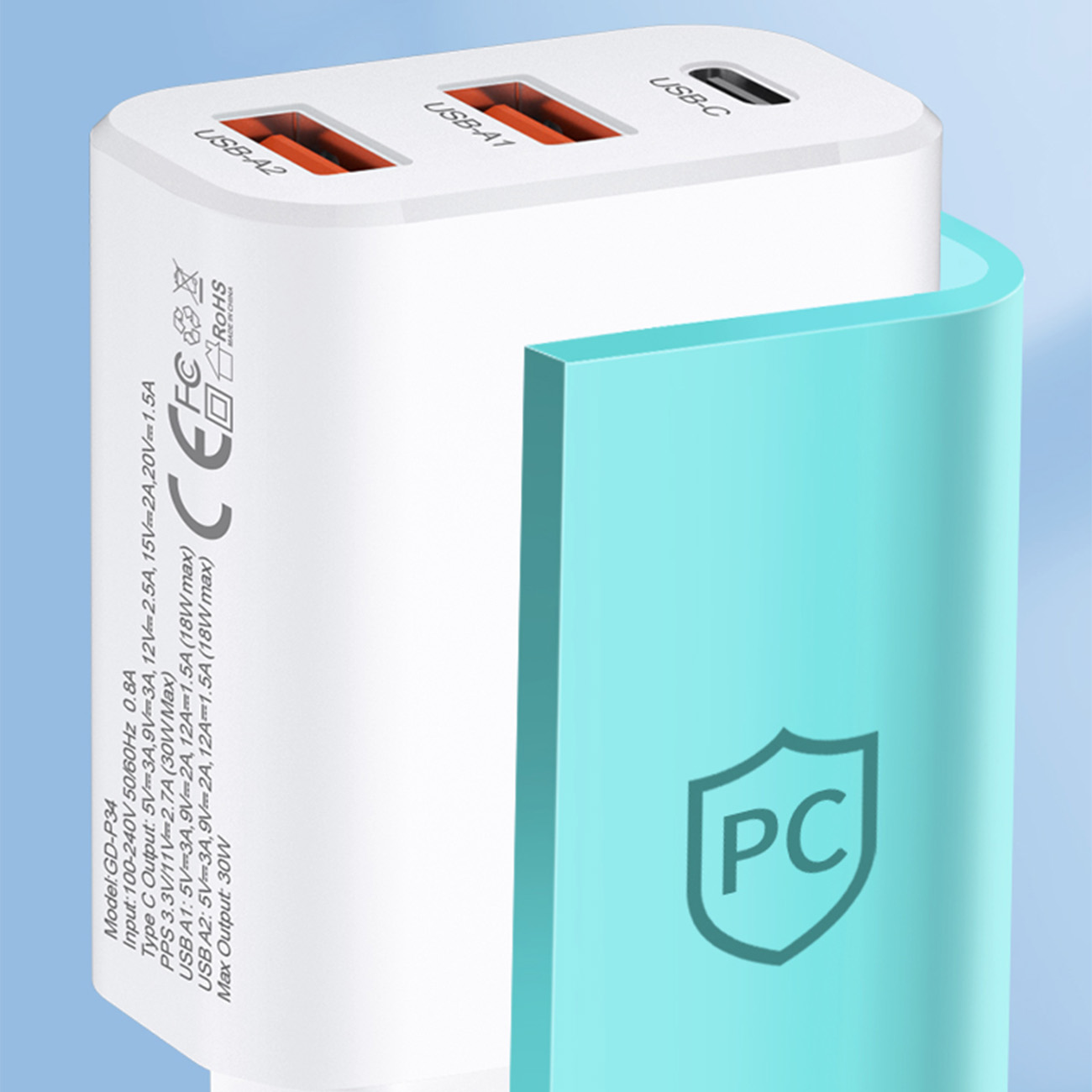 Ładowarka sieciowa 100-240V 30W USB-C 2x USB-A biała (11)
