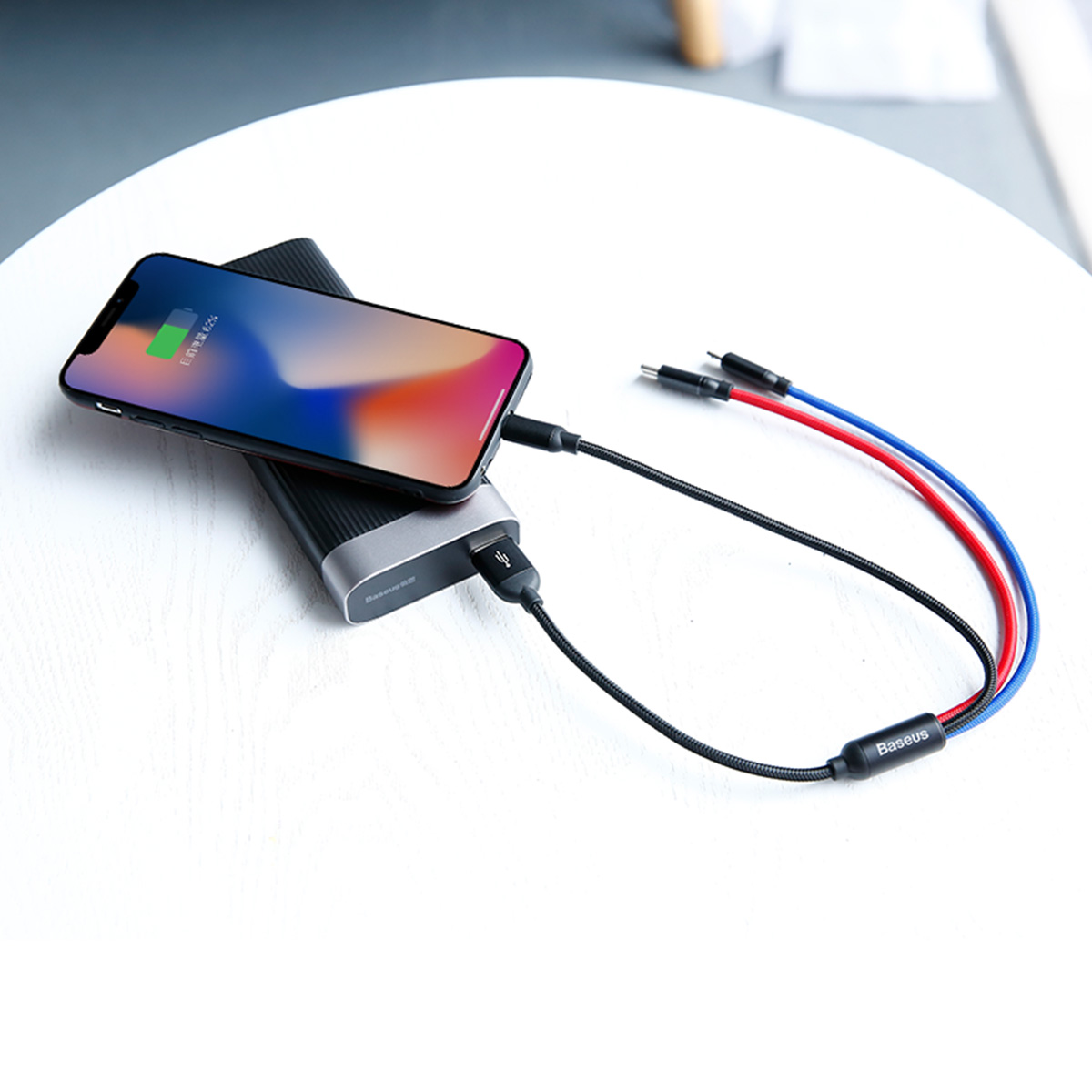 3w1 Kabel przewód USB-A - micro USB / iPhone Lightning / USB-C 3.5A 0.3m - czarny (8)