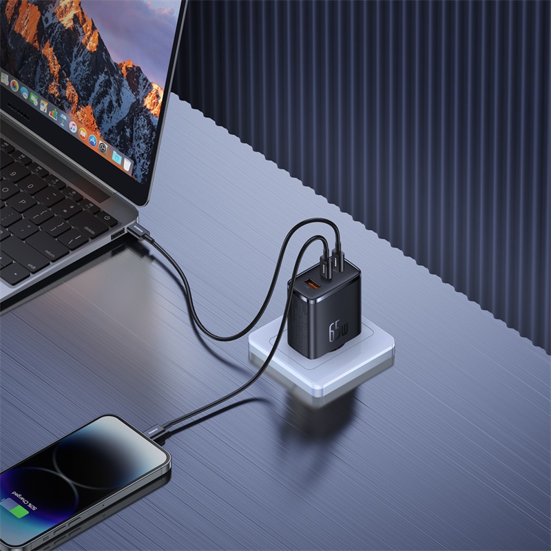 Ładowarka sieciowa GaN Cube Pro 65W 2x USB-C USB-A czarna (10)