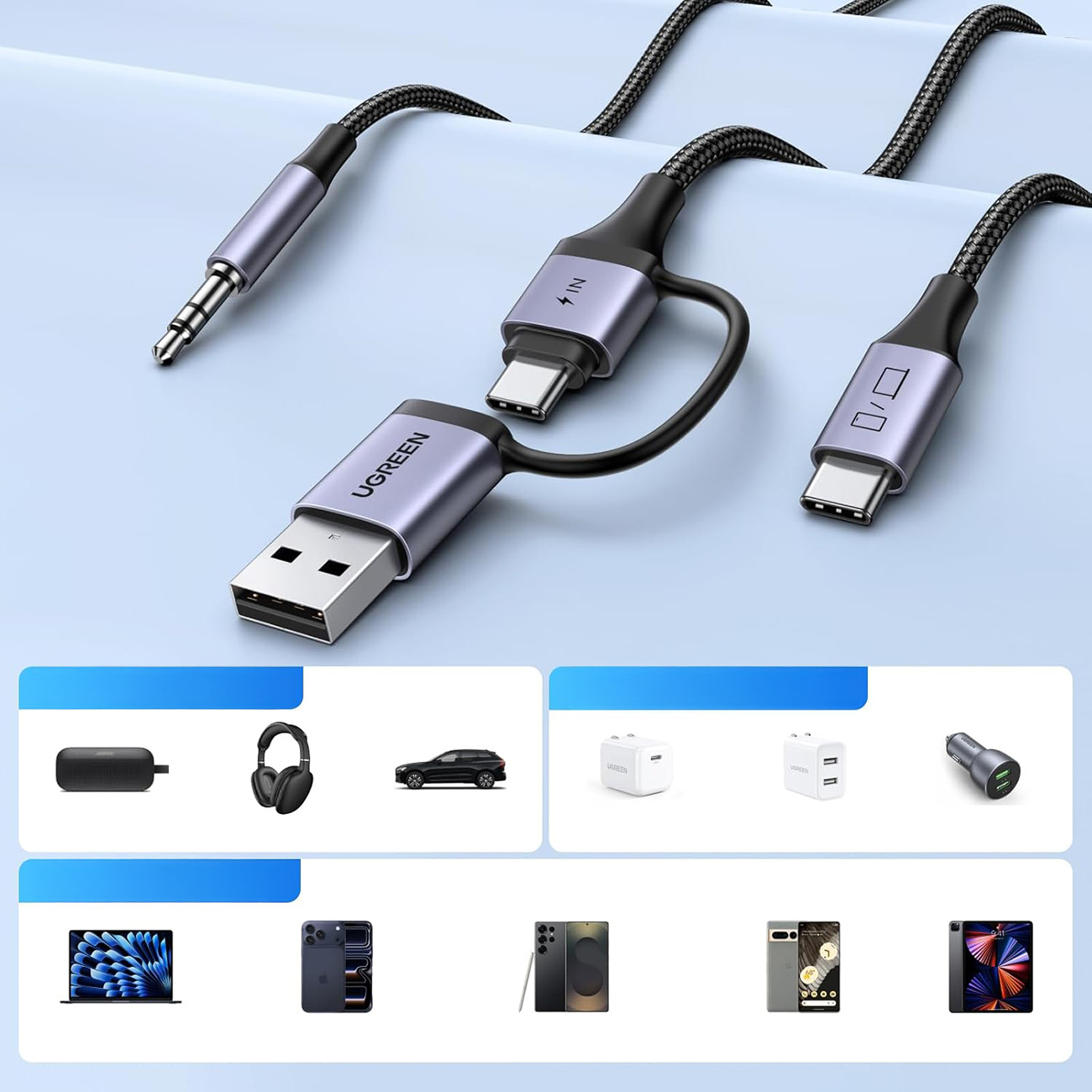 Adapter audio z funkcją ładowania 2w1 USB-C - USB-A/C minijack - czarny (4)