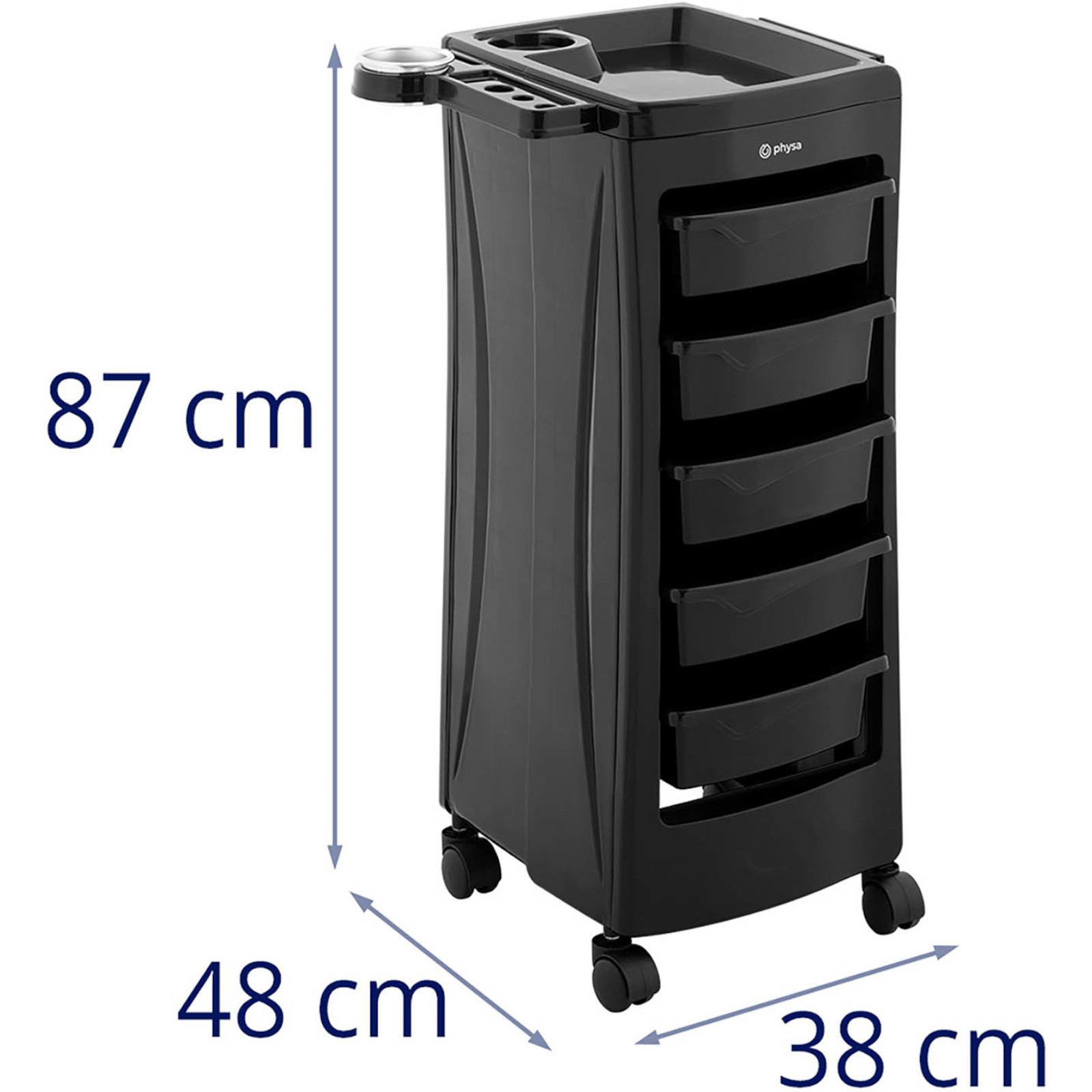 Wózek pomocnik fryzjerski z uchwytem na suszarkę 5 szuflad półka 485 x 380 mm (7)